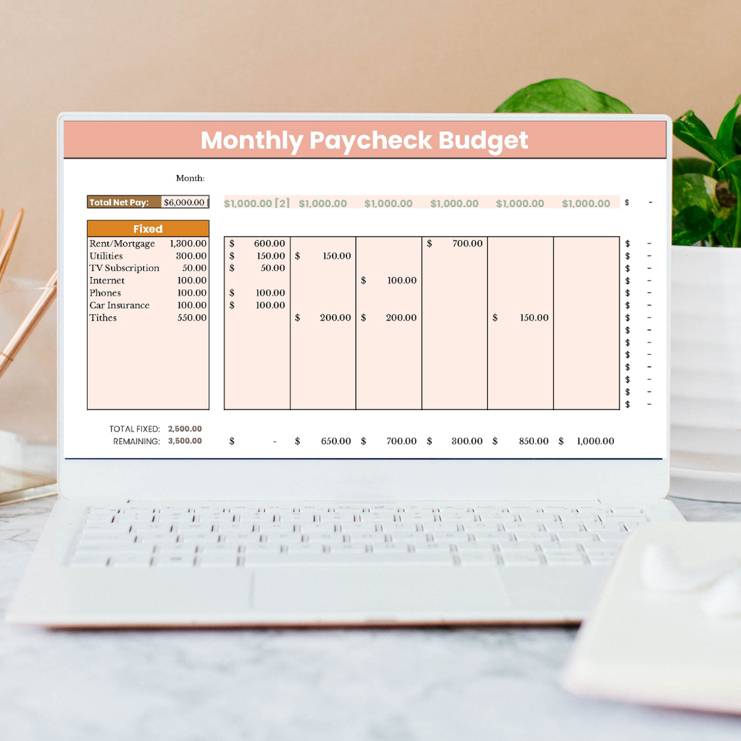 Google Sheets paycheck budget showing how to live on one income using our exact budget template as a one income family of 6. 