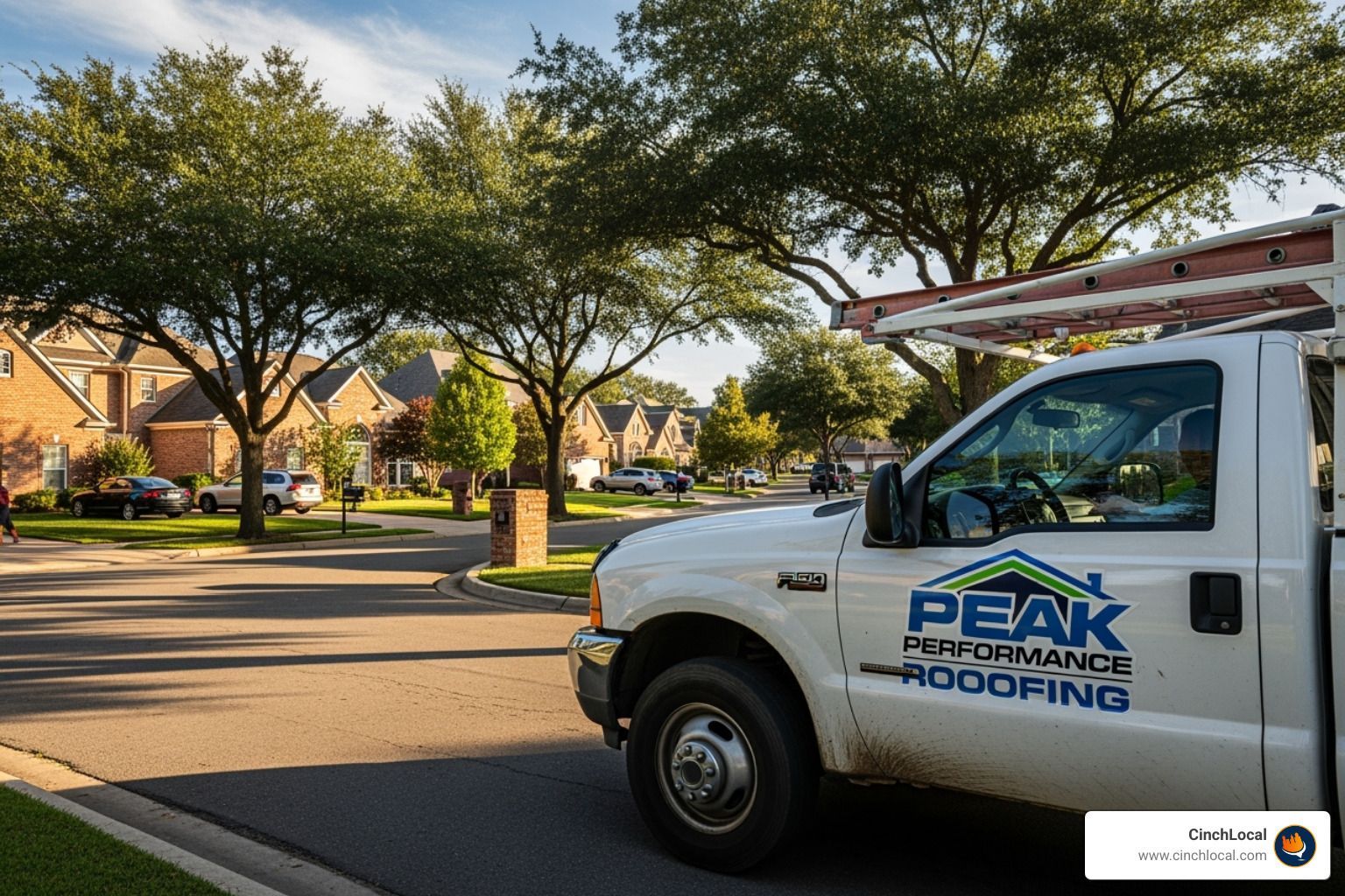 IMAGE of a roofing truck with a company logo driving through a nice neighborhood - roofer seo agency
