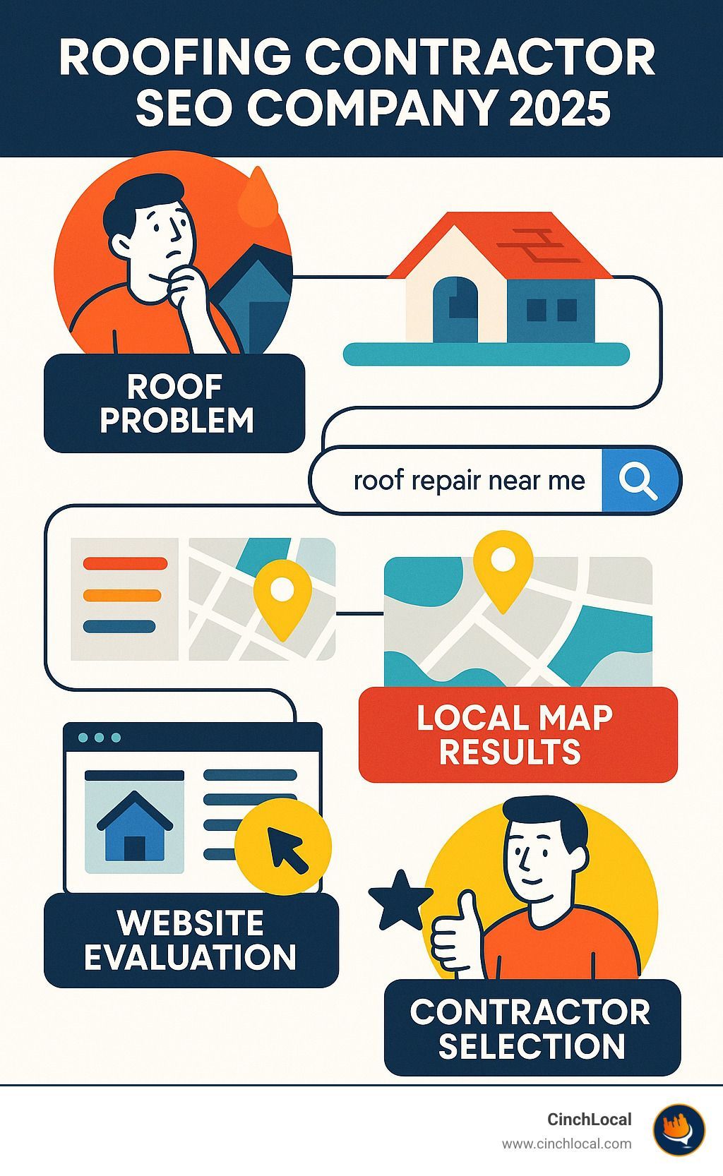 Detailed infographic showing the customer journey from roof problem findy through Google search, local map results, website evaluation, and contractor selection, highlighting key SEO touchpoints at each stage - roofing contractor seo company infographic 