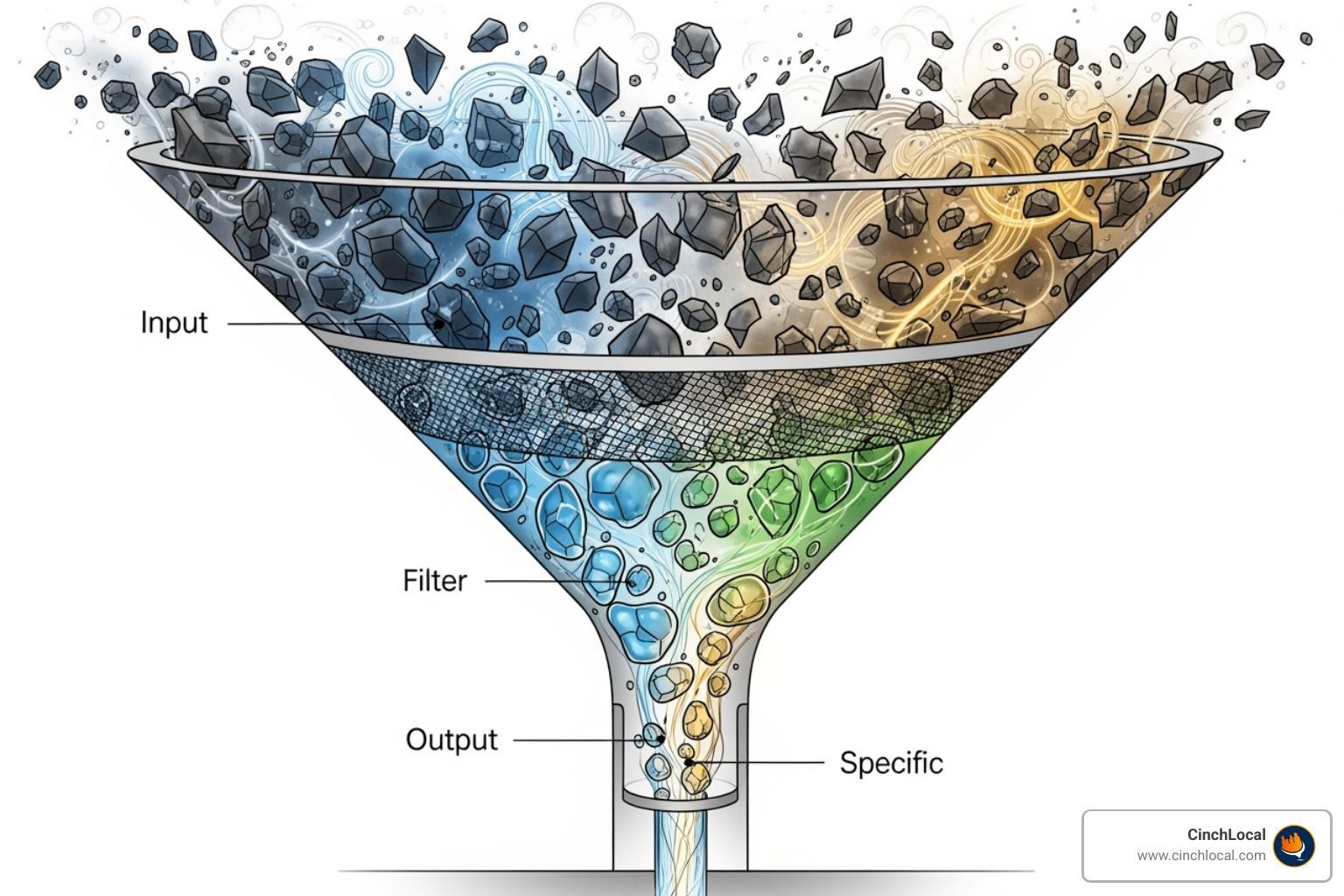 Funnel diagram showing broad, short-tail keywords at the top like 