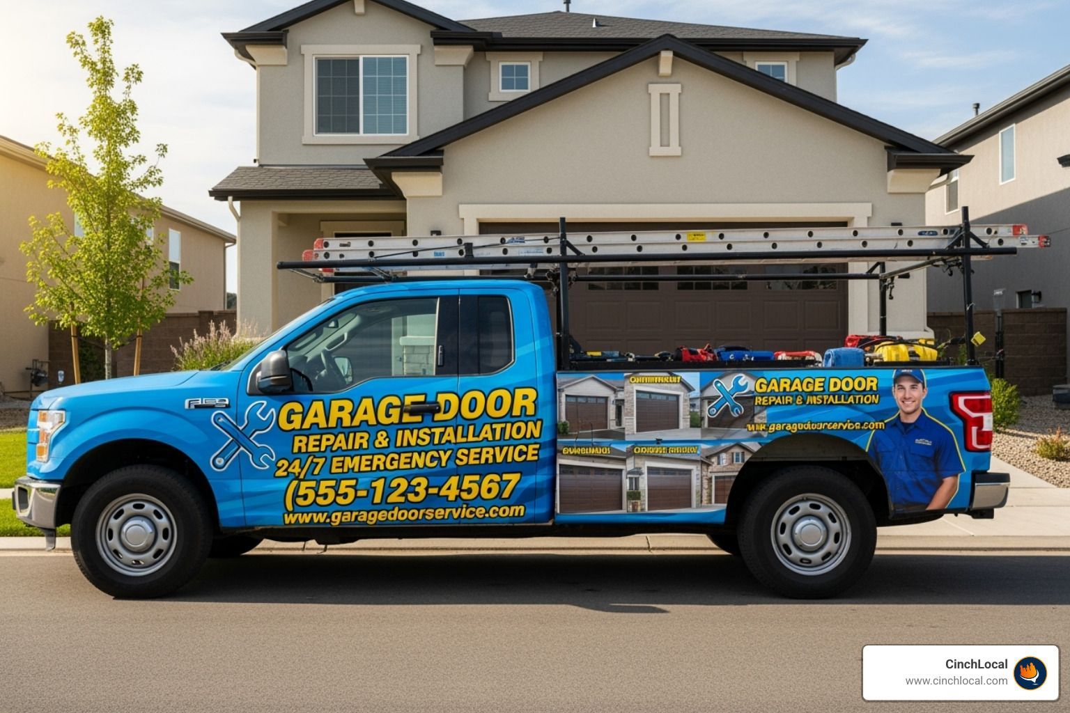 Professional garage door service truck with full vehicle wrap advertising - garage door advertising