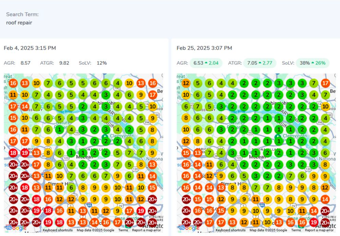 Residential roofer in Lorton Virgina gets 26% increase in Share of Local Voice for "roof repair" within Google's Local Map Pack.