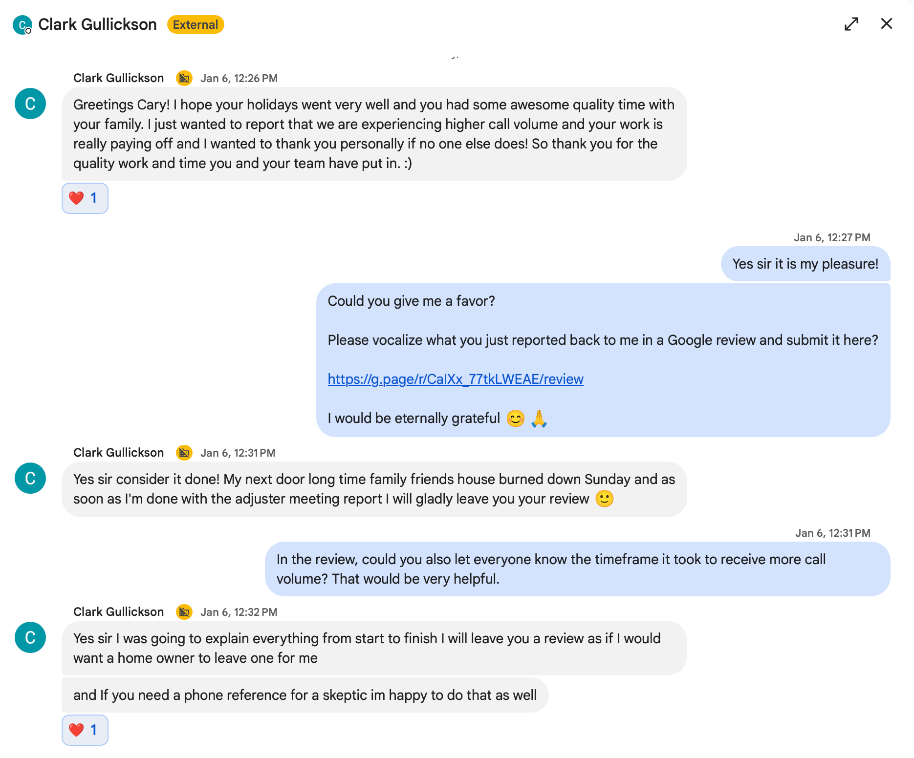 SMS conversation documenting first inbound commercial roofing leads during SEO campaign