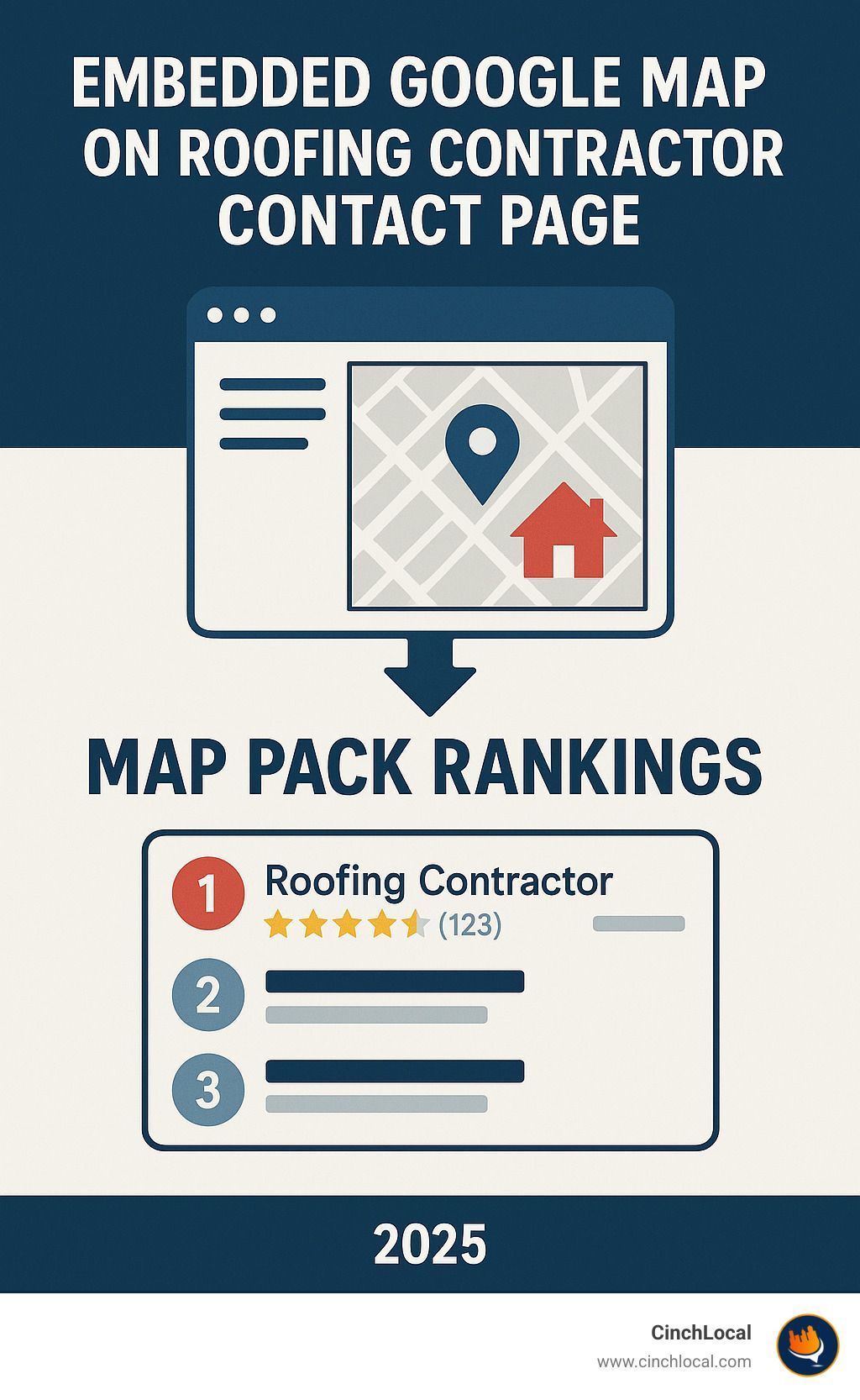 embedded Google Map on roofing contractor contact page - map pack rankings