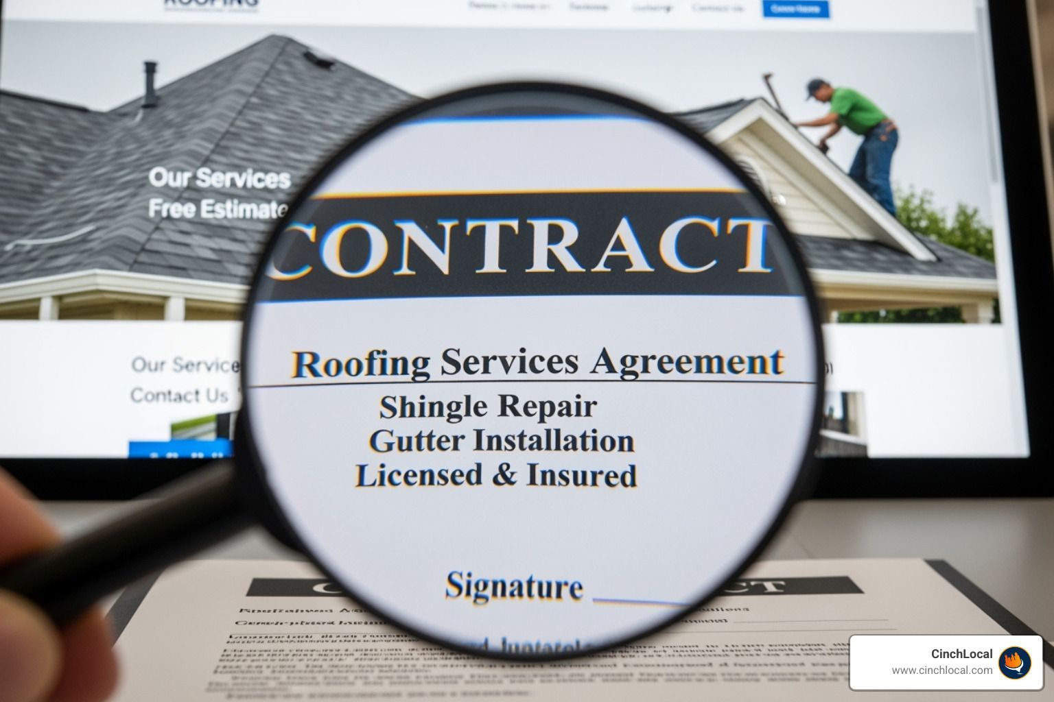 IMAGE of a magnifying glass over a contract or website - roofer seo agency