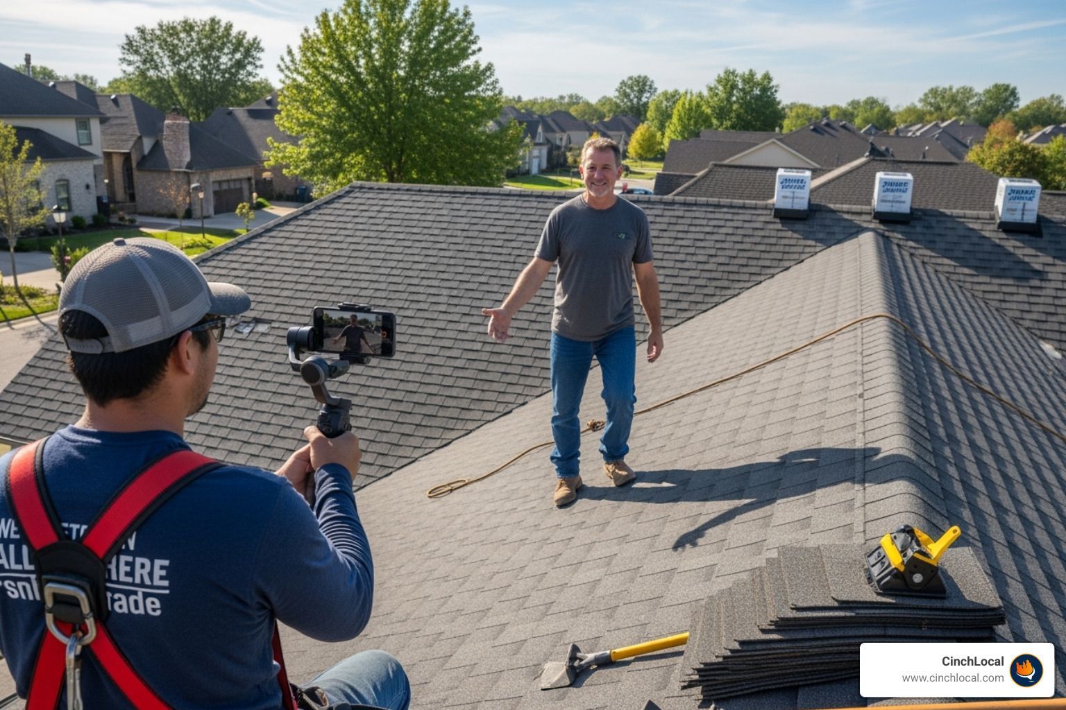 Professional roofer filming on-the-job video testimonial with customer, showing completed roof installation and discussing project experience for website integration - roofer website development