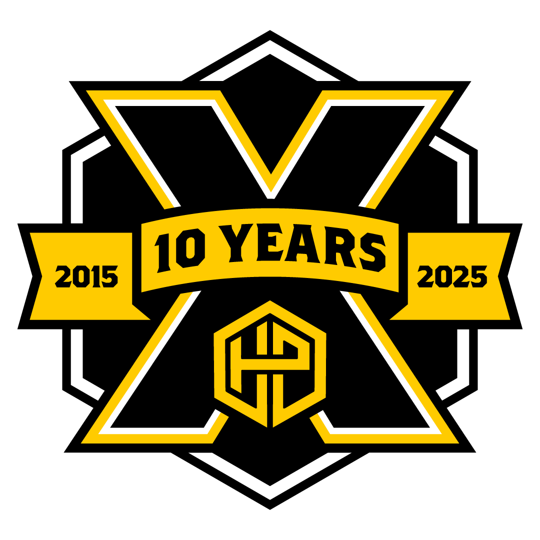 A black and yellow 10th-anniversary logo featuring an