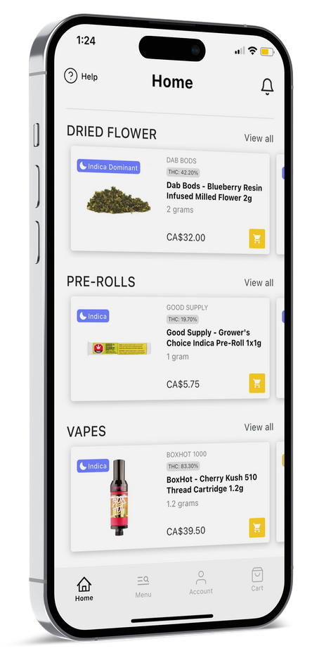 A smartphone app screen displaying a menu of cannabis products including dried flower, pre-rolls, and vapes.