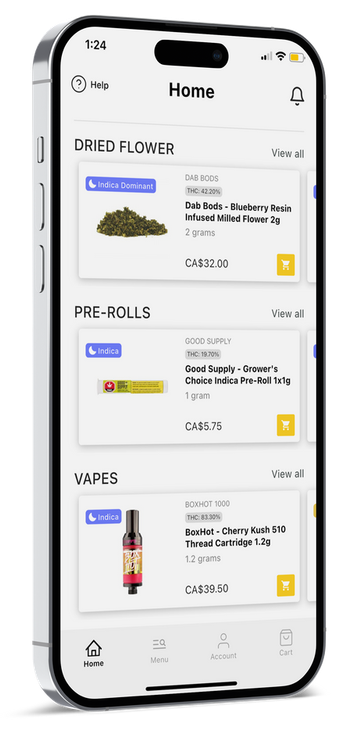 A smartphone app screen displaying a menu of cannabis products including dried flower, pre-rolls, and vapes.