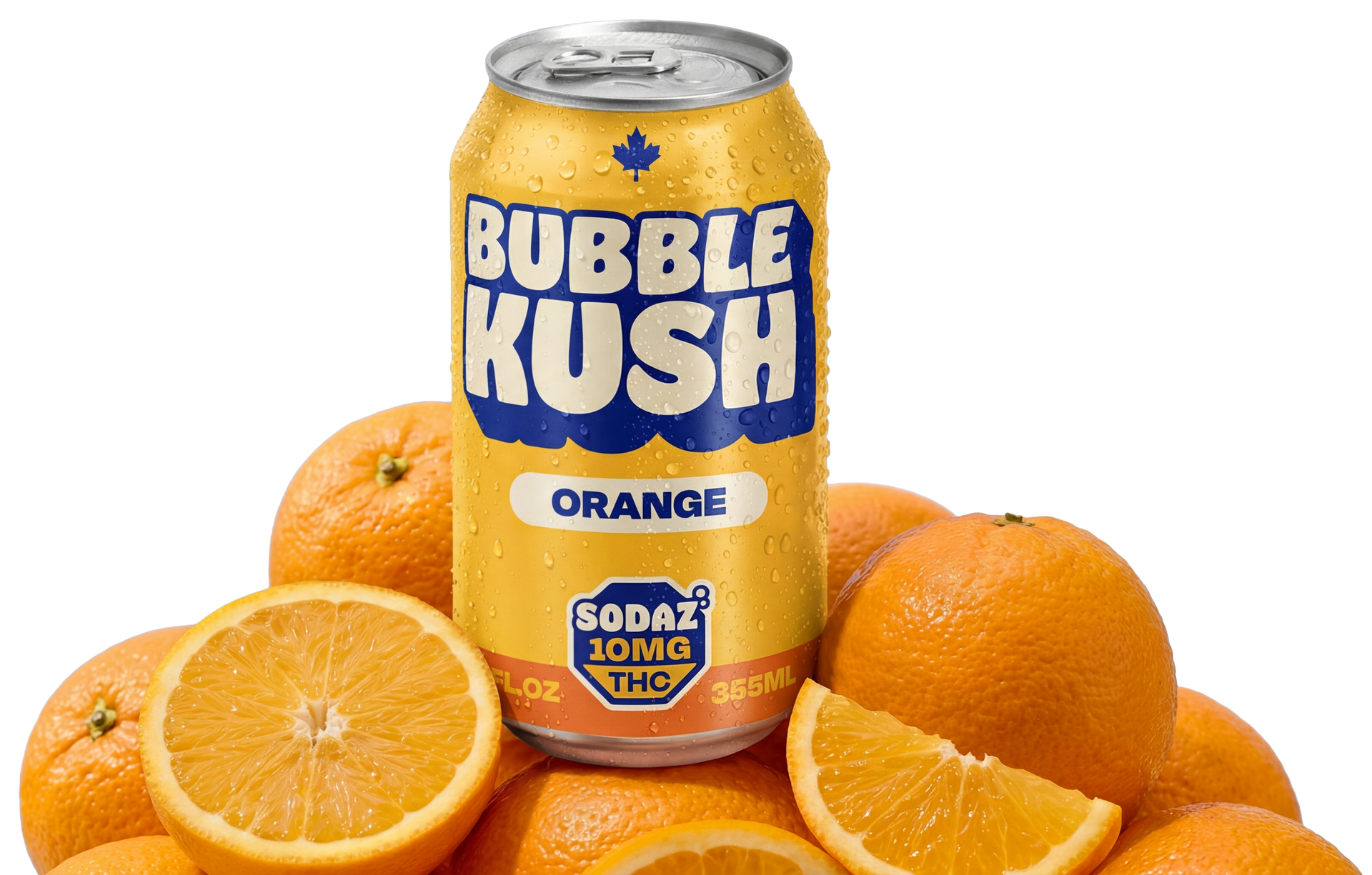 A yellow can of Bubble Kush Orange soda with 10mg THC, surrounded by fresh oranges against a white background.