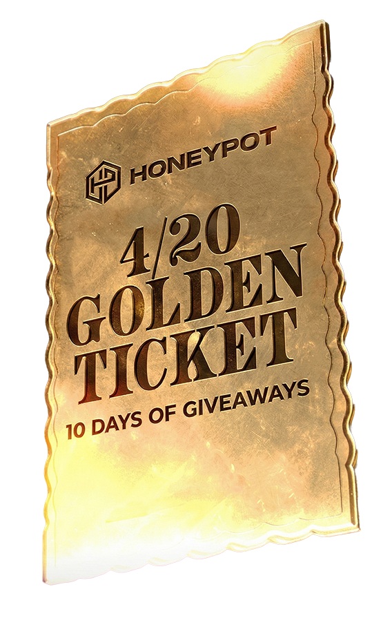 A gold-textured rectangular ticket with scalloped edges reading