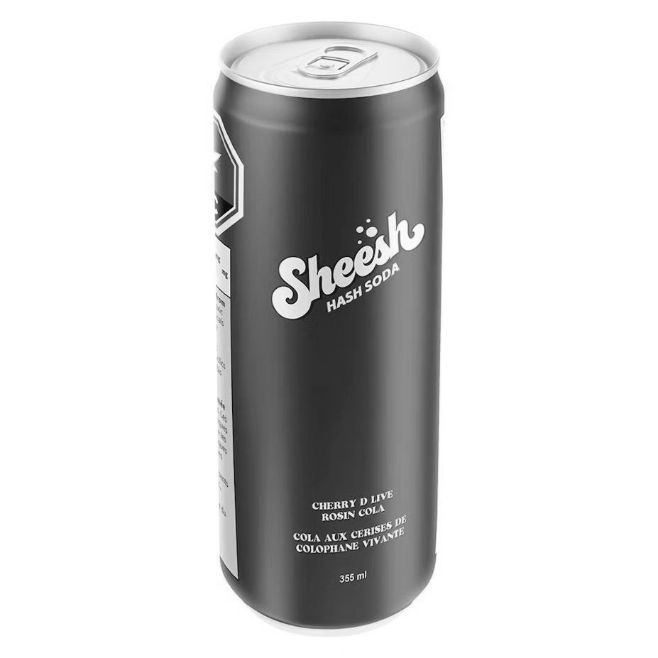 A tall, matte black can of Sheesh Hash Soda with white logo and text, isolated against a white background.