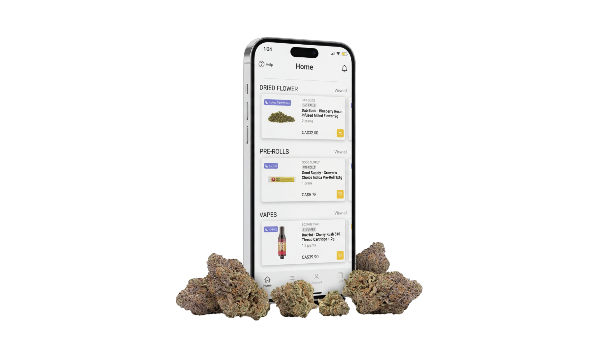 A smartphone displaying a cannabis product menu, surrounded by several cannabis flower buds on a white background.