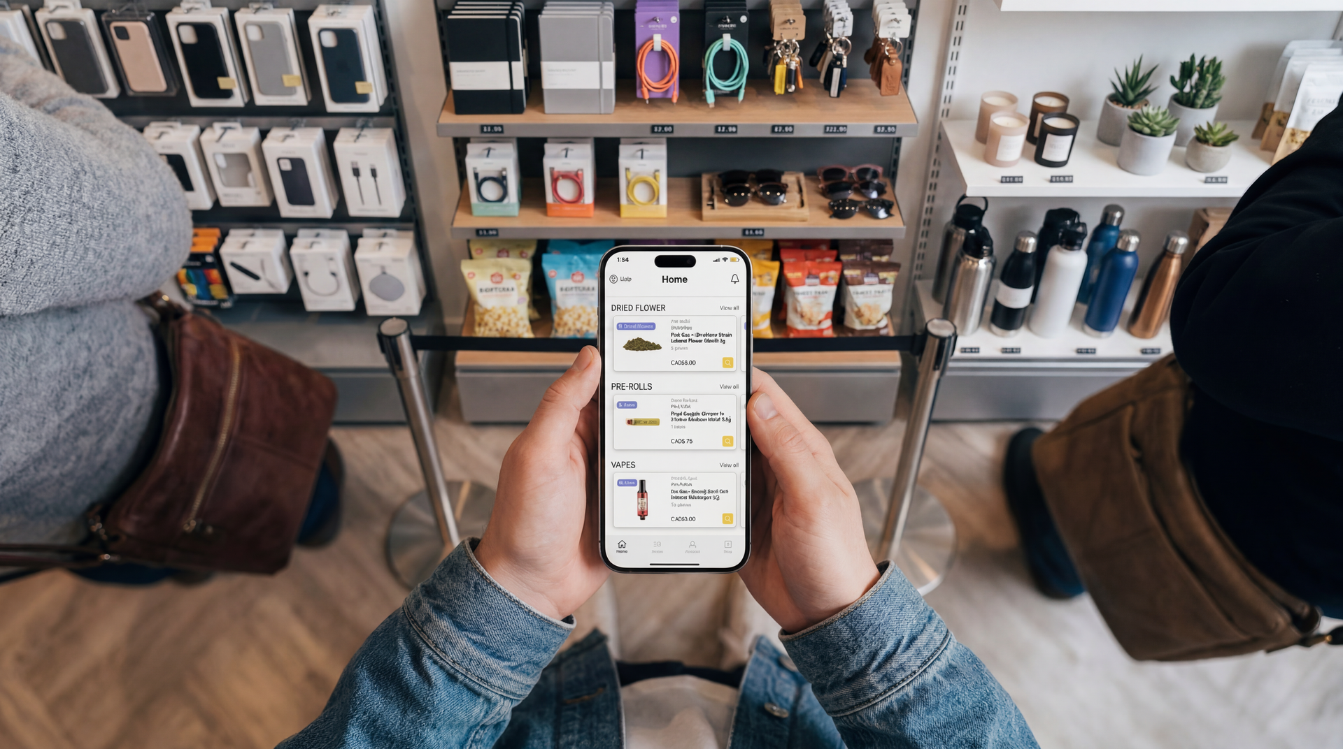 A first-person view of hands holding a smartphone displaying a shopping app in a store aisle filled with retail products.