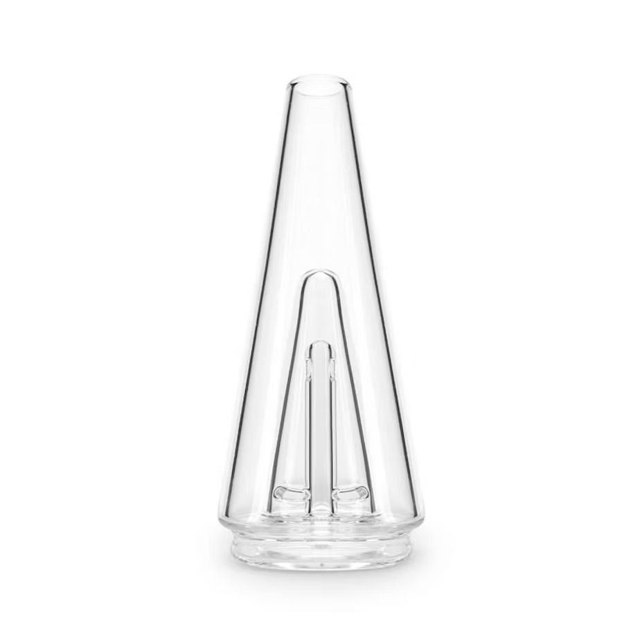A clear, conical glass attachment for a vaporizer with an internal percolator stem.