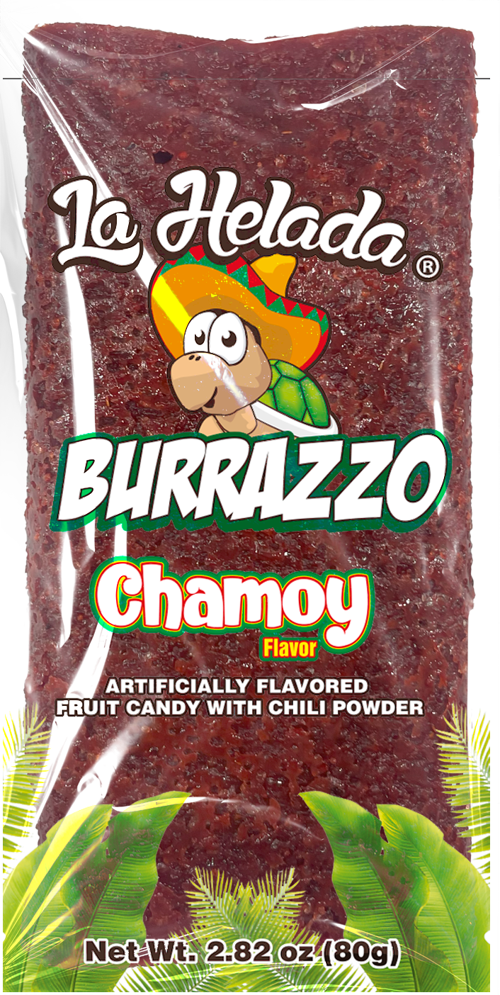 a bag of la helada burrazzo chamoy fruit candy with chili powder .