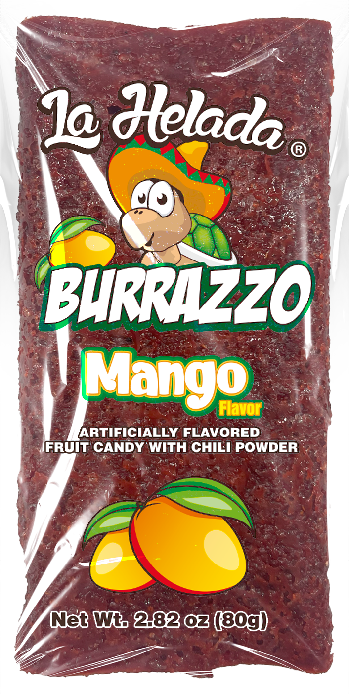 a bag of burrazzo mango fruit candy with chili powder .