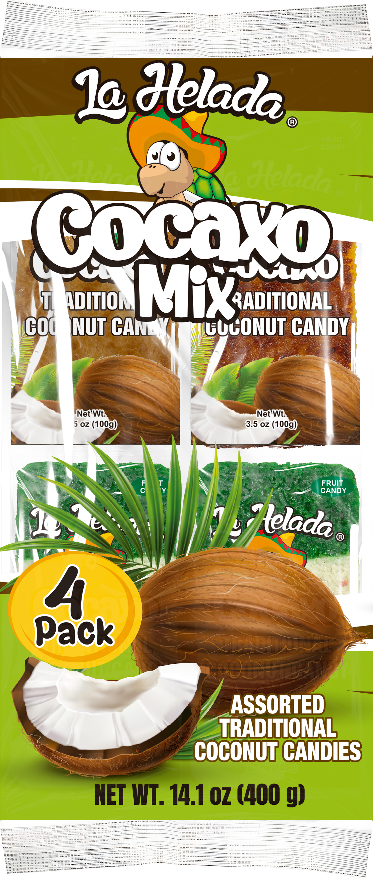 a bag of coconut candy with a picture of coconuts on it .