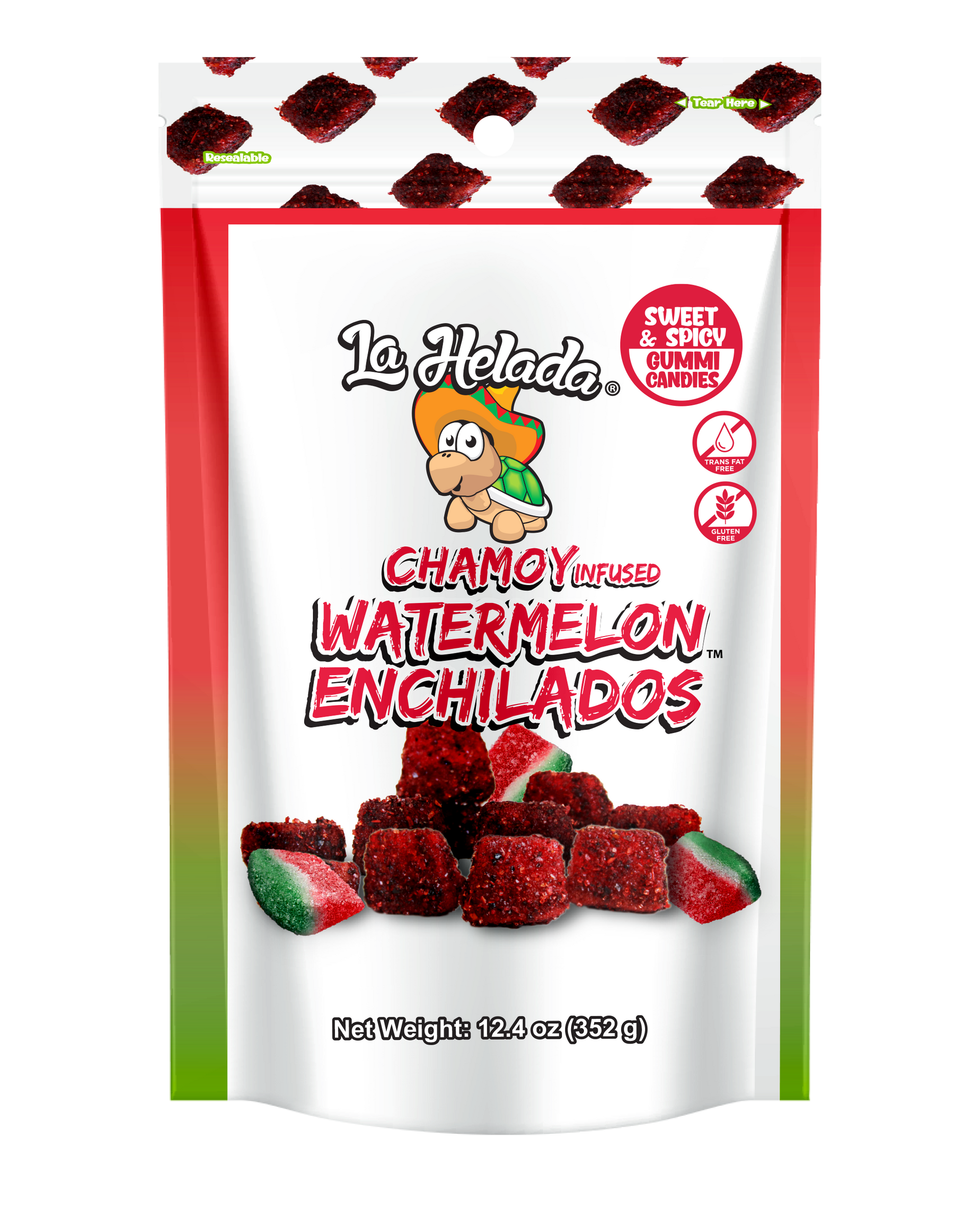 a bag of watermelon enchiladas on a white background .