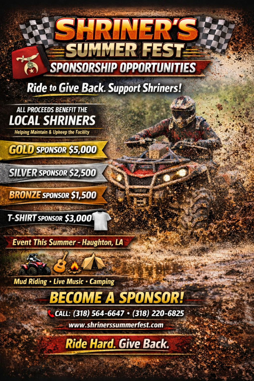 Person on a red ATV speeds through mud, kicking up a large splash in a natural setting, with a forested hill in the background.