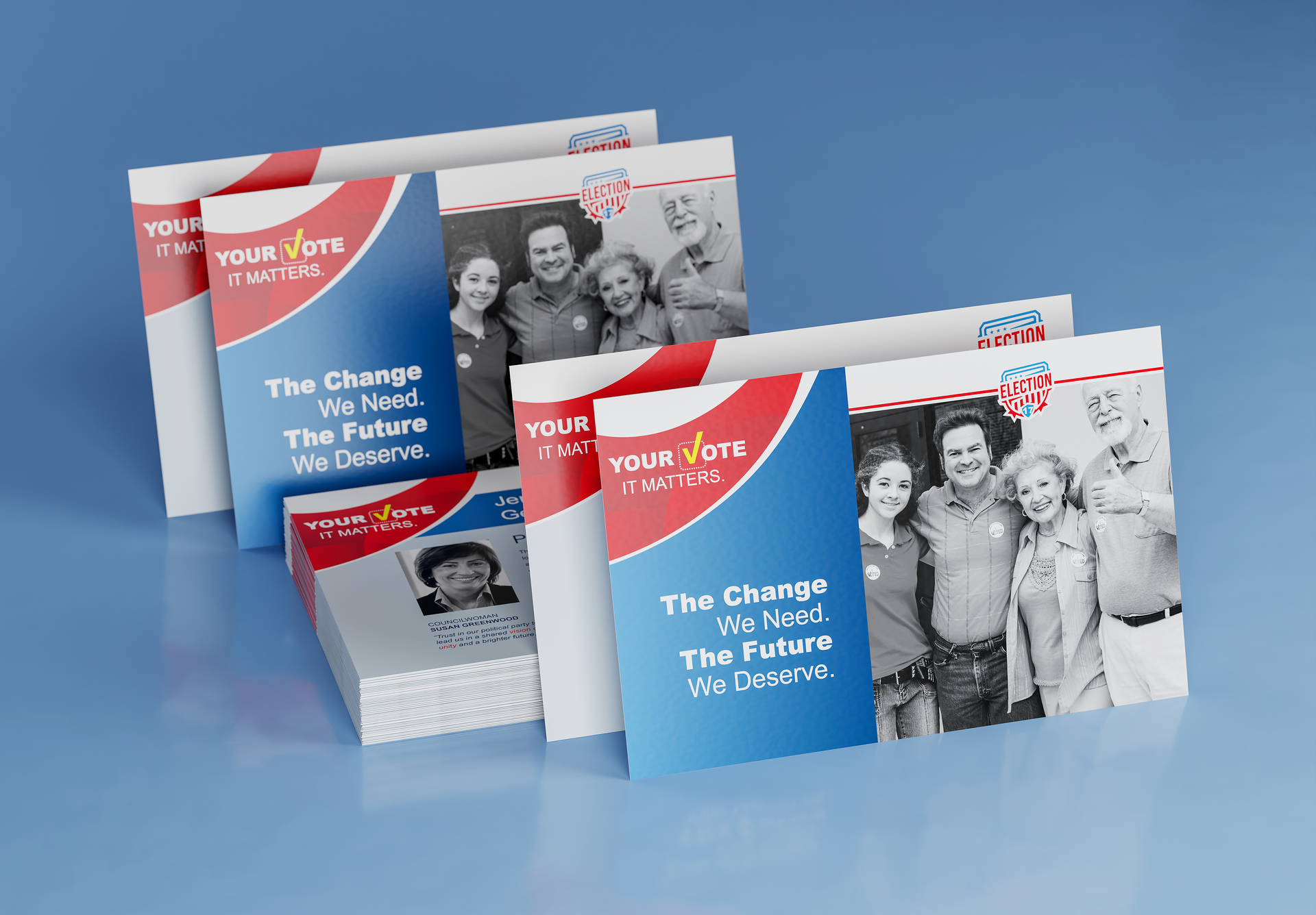 A stack of cards with a picture of a family on them