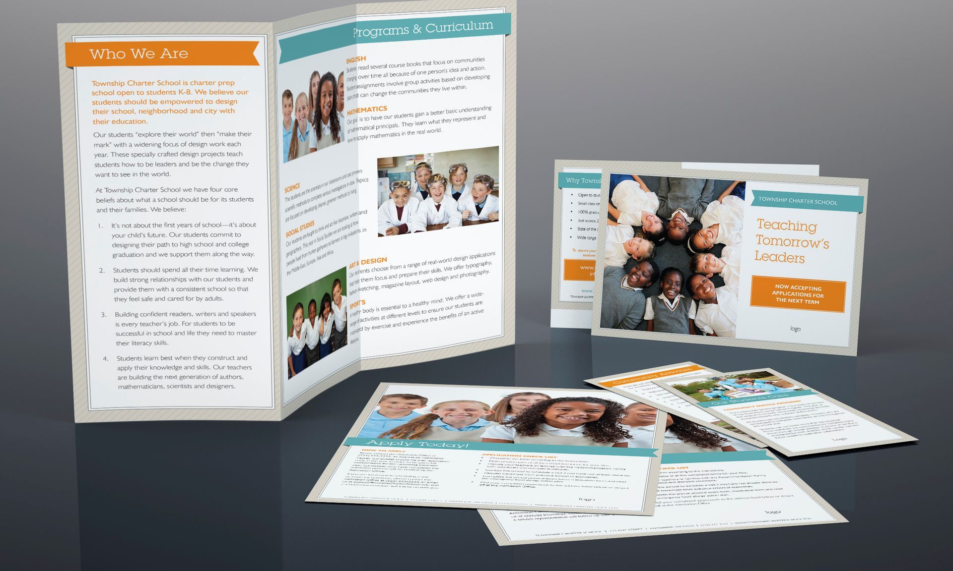 A group of people are standing in a circle in a brochure.