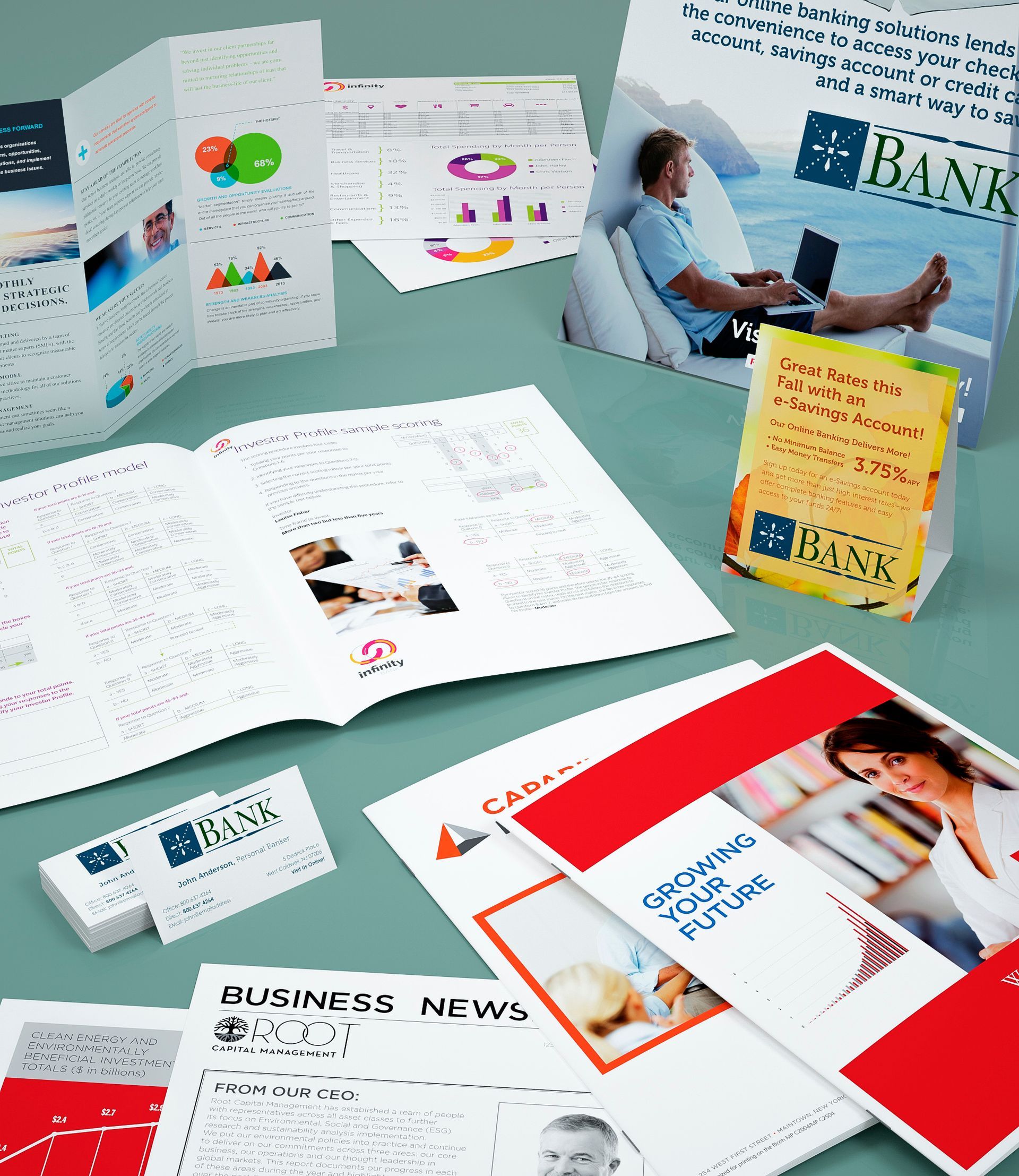 A bunch of brochures on a table including one that says business news