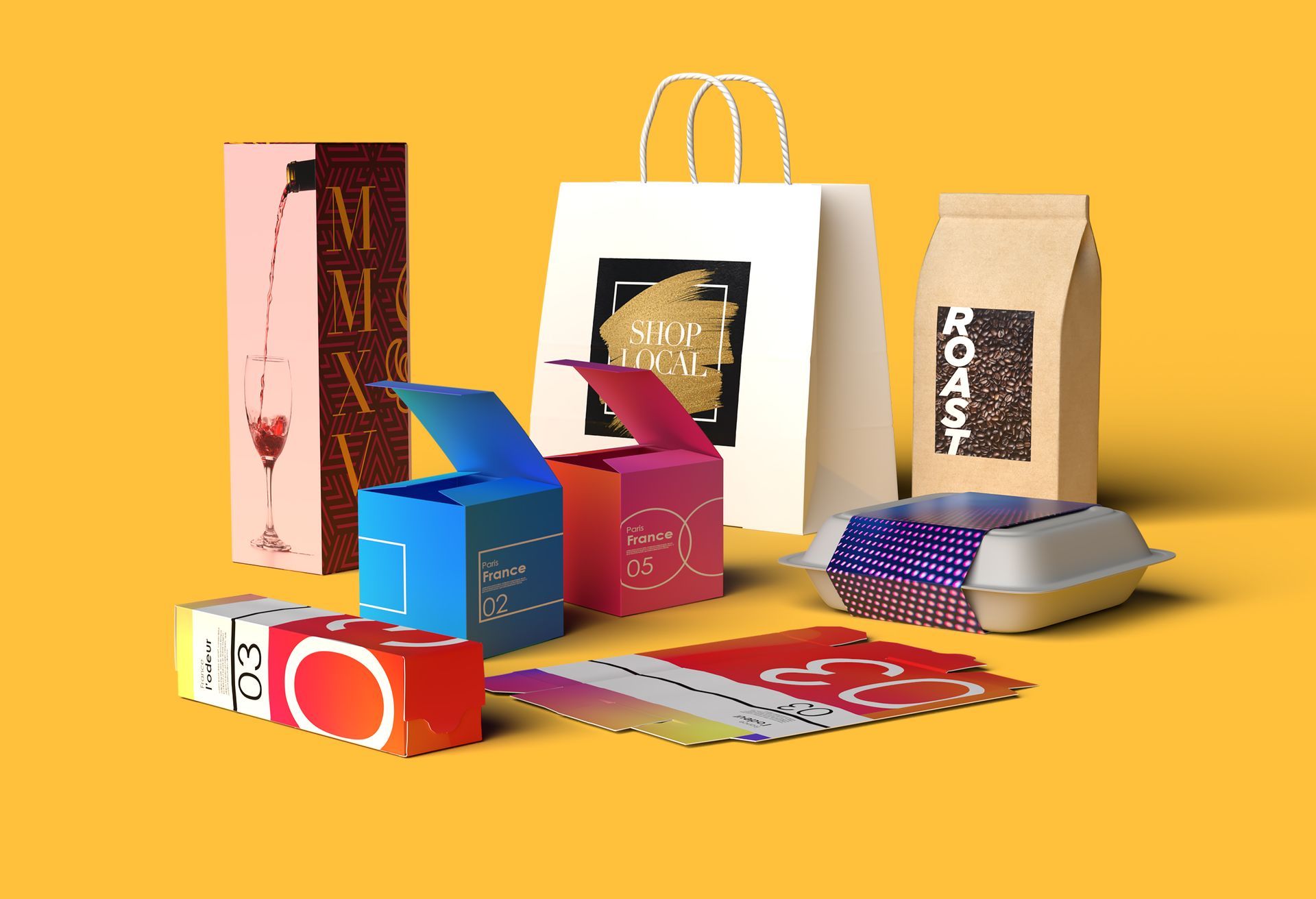 There are many different types of packaging on a yellow background.