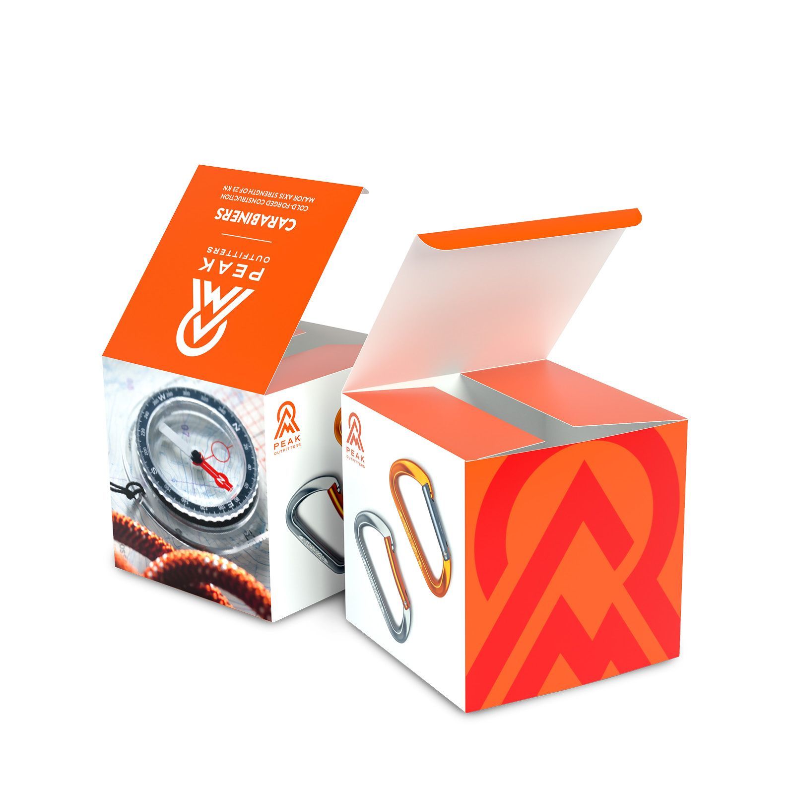 A box with a compass and carabiners on it