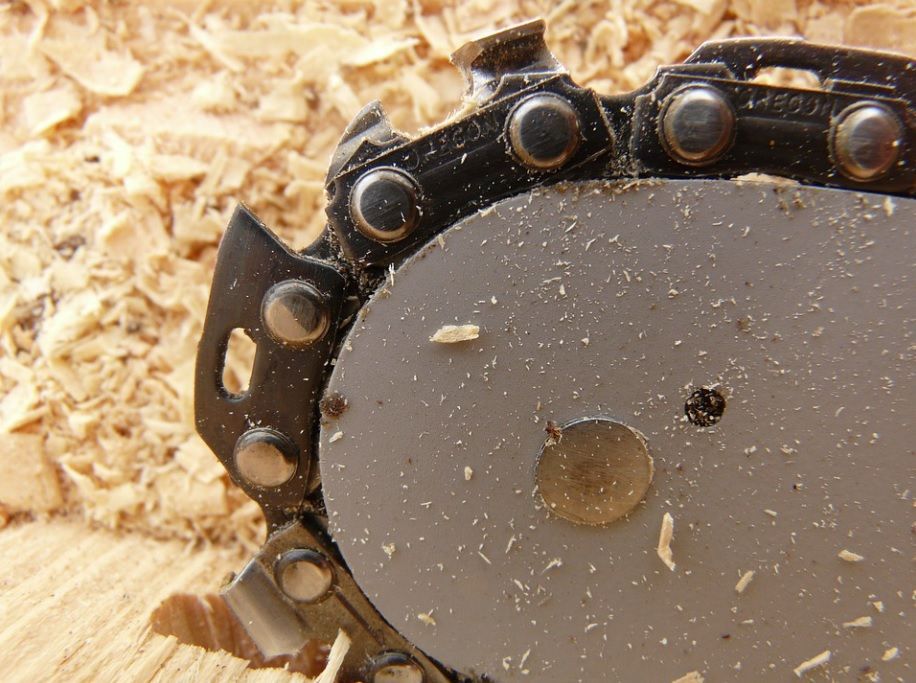 Close-up of a chainsaw blade cutting wood, with sawdust around the chain.