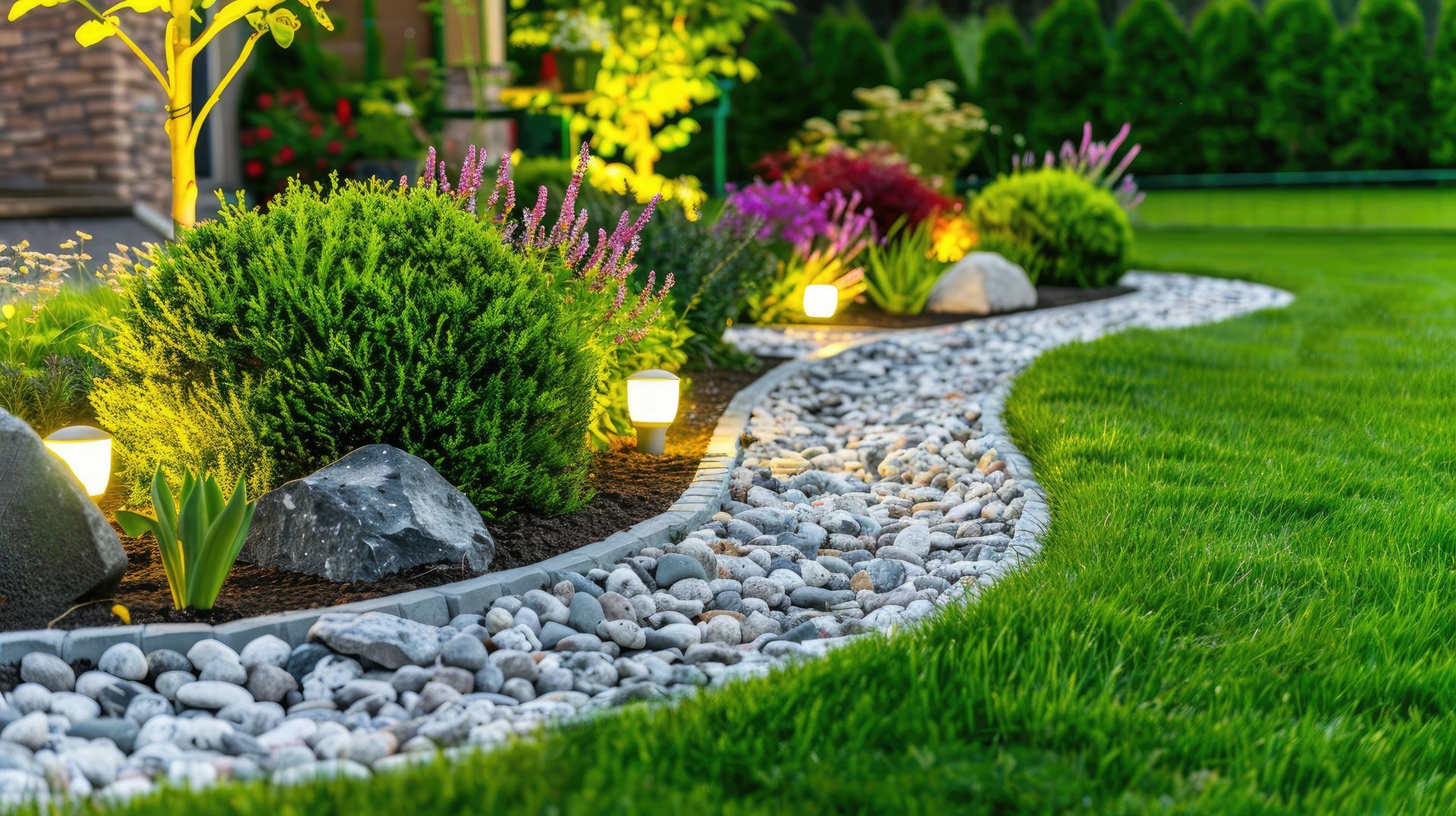 Garden bed with glowing path lights, shrubs, flowers, and a curved rock border.