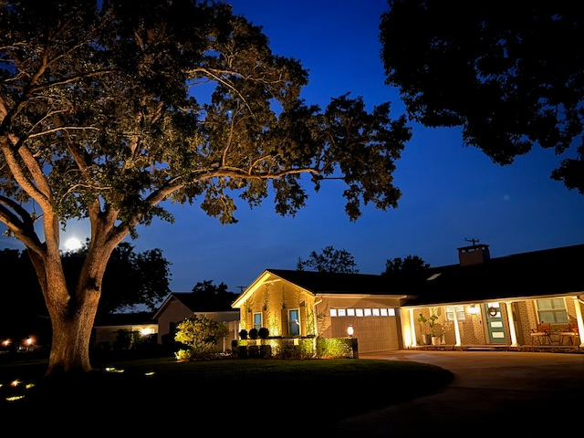 A lit-up suburban home and a large tree at night, with the front facade and landscape illuminated against a blue sky.