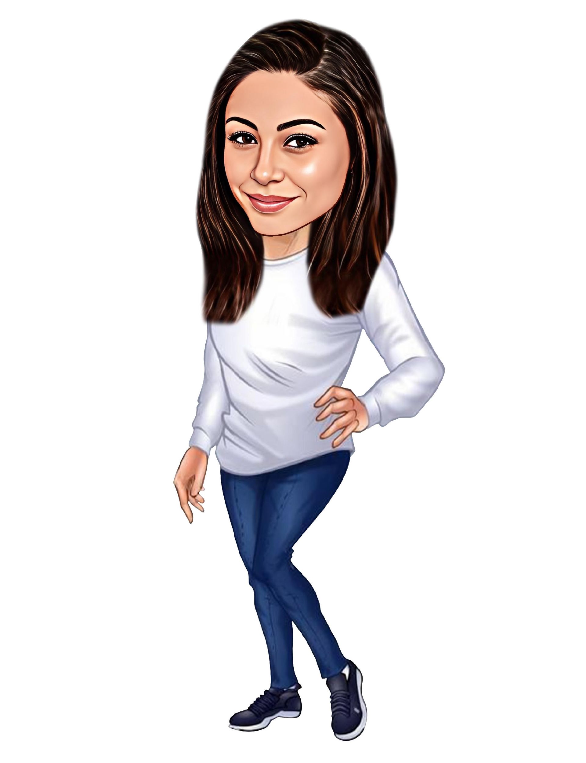 Cartoon of a woman in white sweater and jeans, smiling with hand on hip.