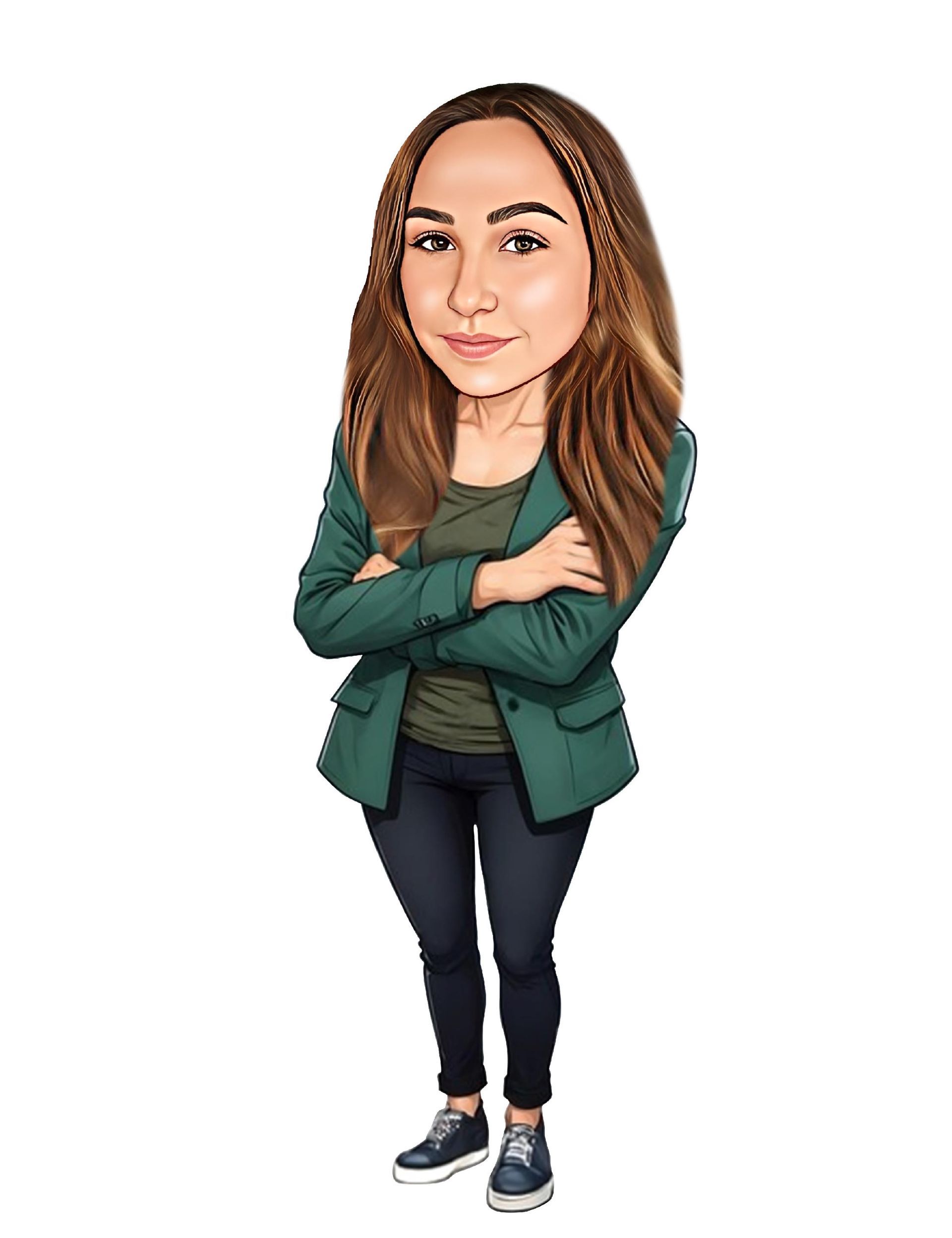 Woman in green jacket, arms crossed, dark jeans, and sneakers.