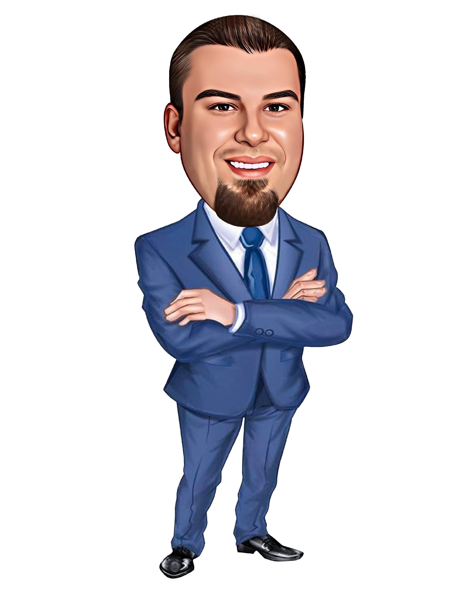 Caricature of a smiling man with a goatee, arms crossed, in a blue suit.
