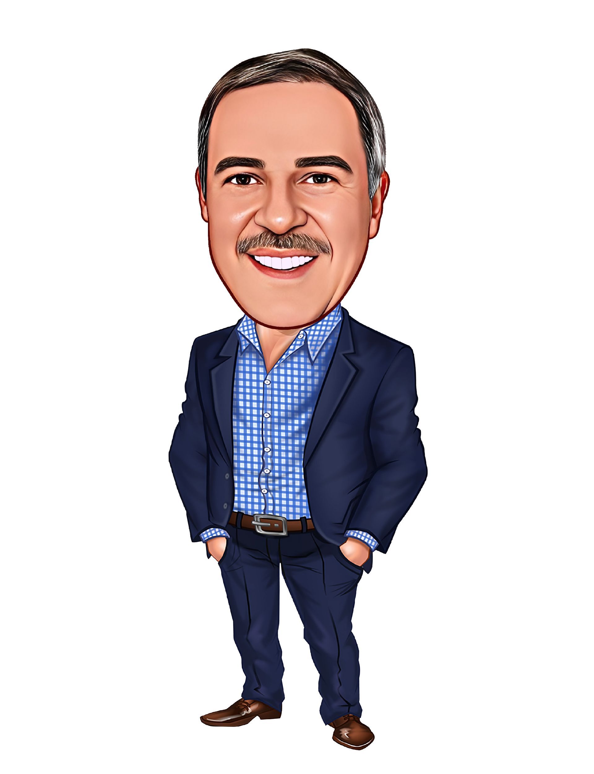 Caricature of a smiling man with a mustache in a blue suit and checked shirt, hands in pockets.