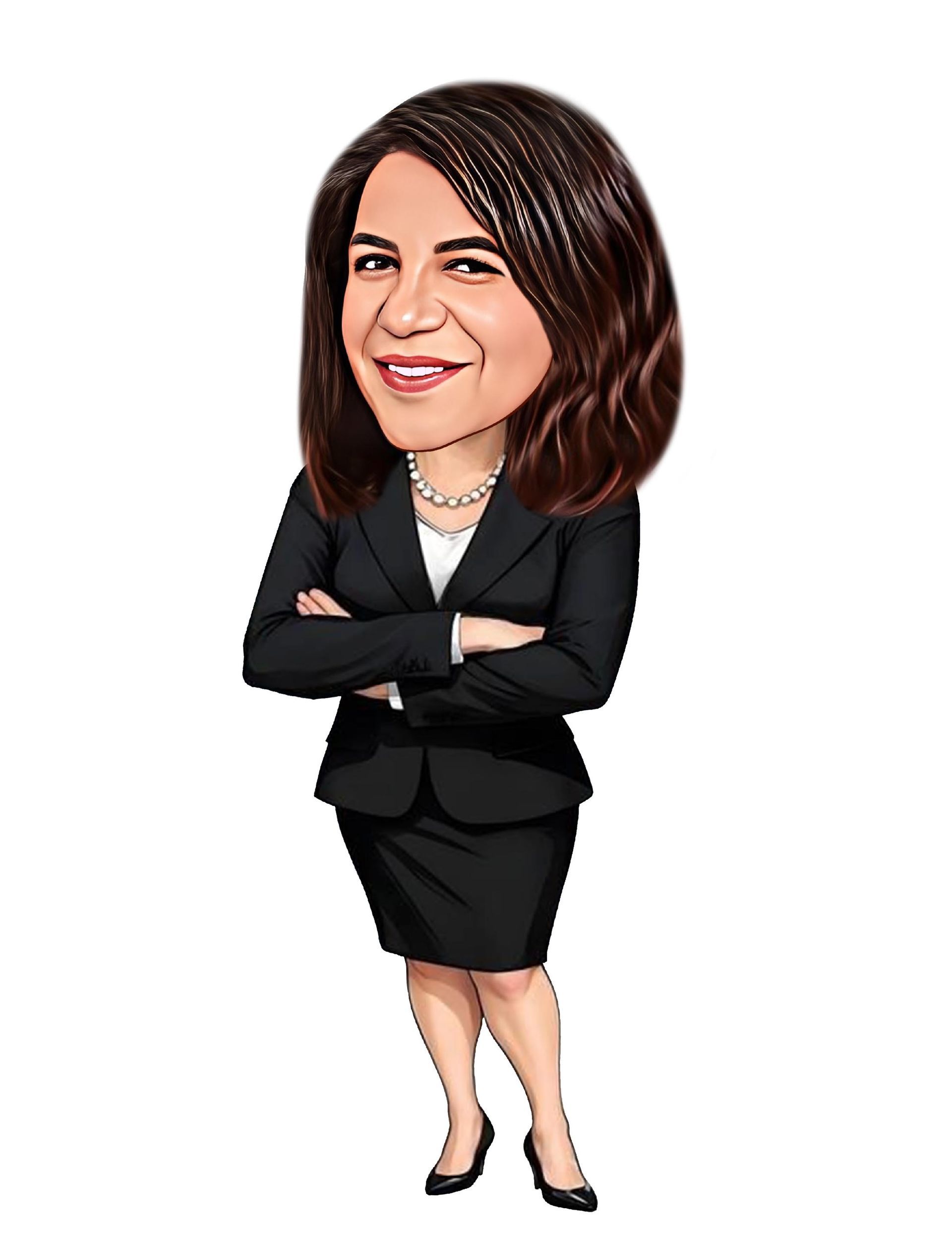 Caricature of woman in a black suit, arms crossed, smiling; likely a professional portrait.