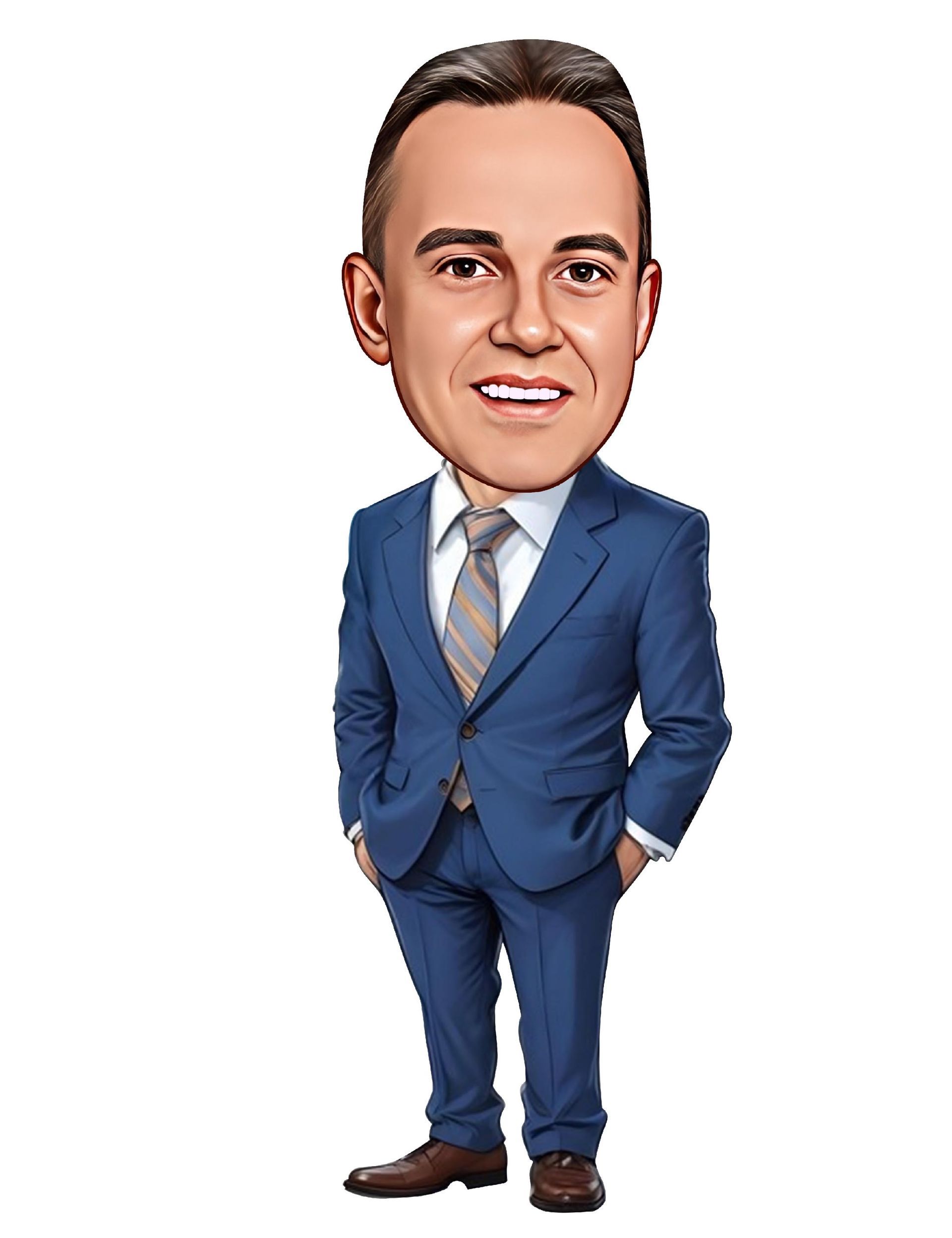 Caricature of a man in a blue suit, hands in pockets, smiling.