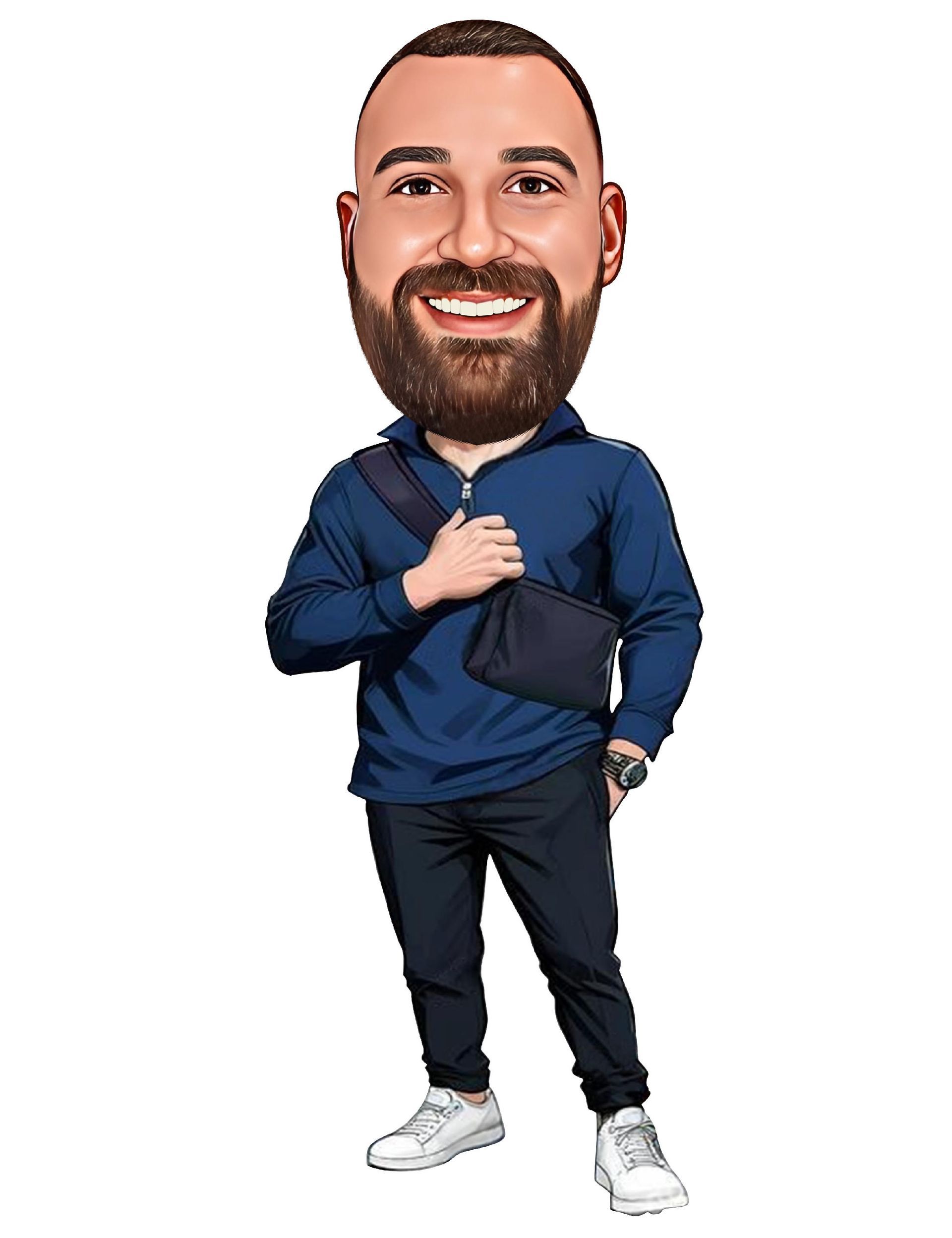 Caricature of a man with a beard, wearing blue outfit, smiling, and carrying a bag.