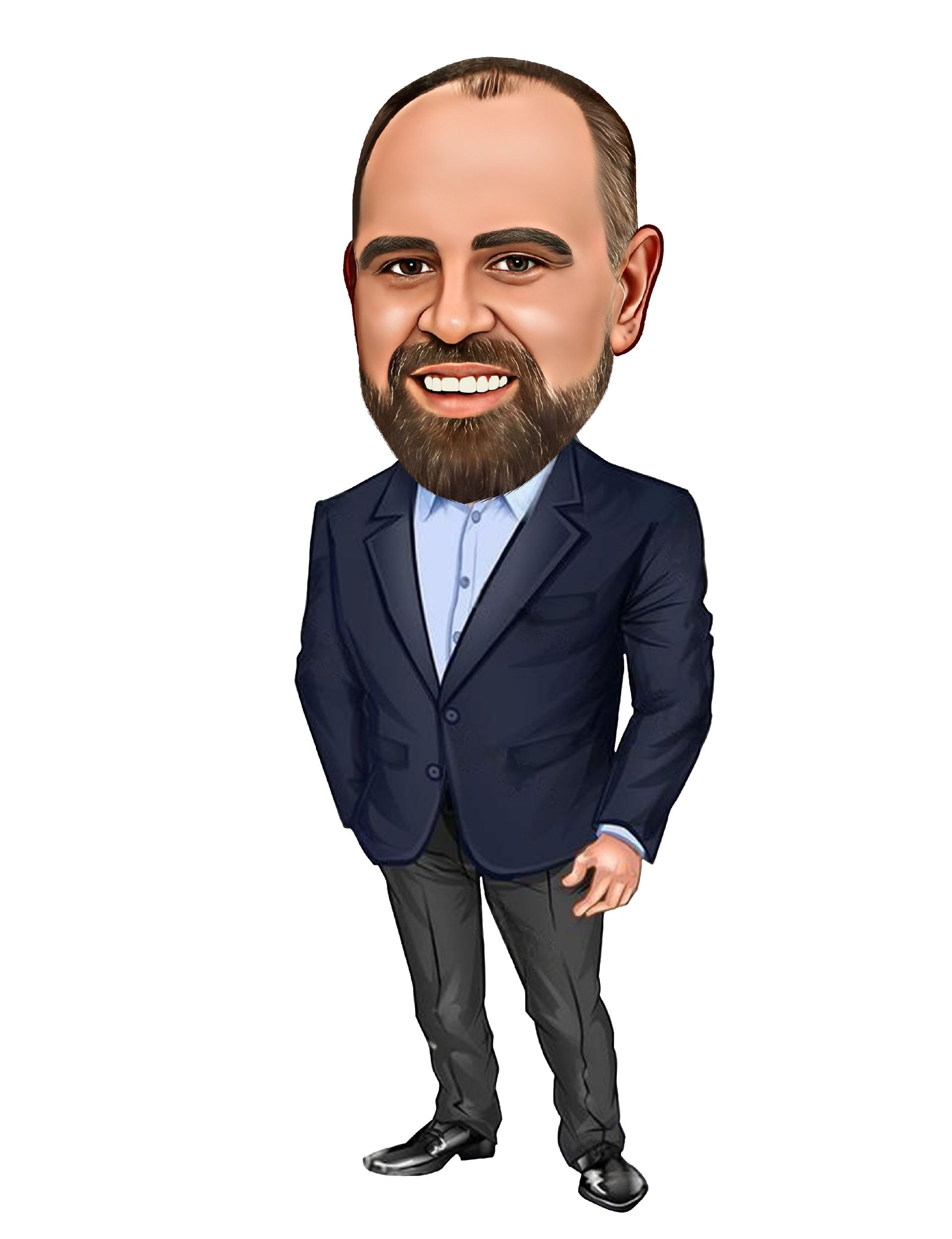 Caricature of a smiling man with a beard, wearing a suit and looking upwards.