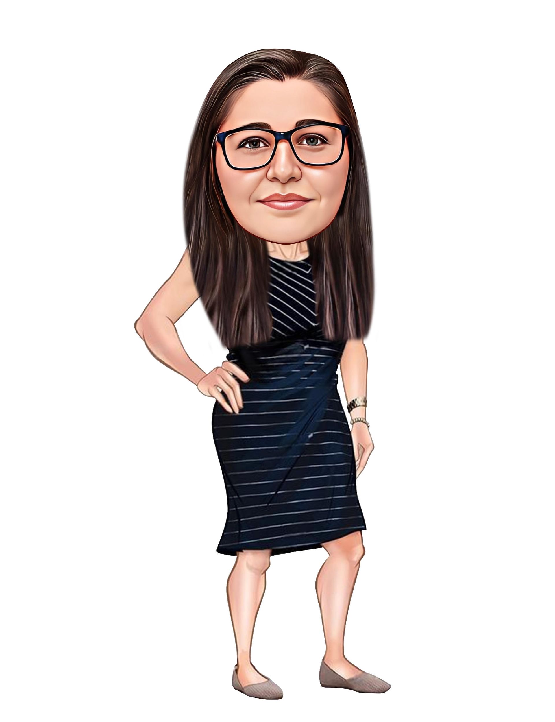 Caricature of woman with glasses in a navy dress, hand on hip, smiling.