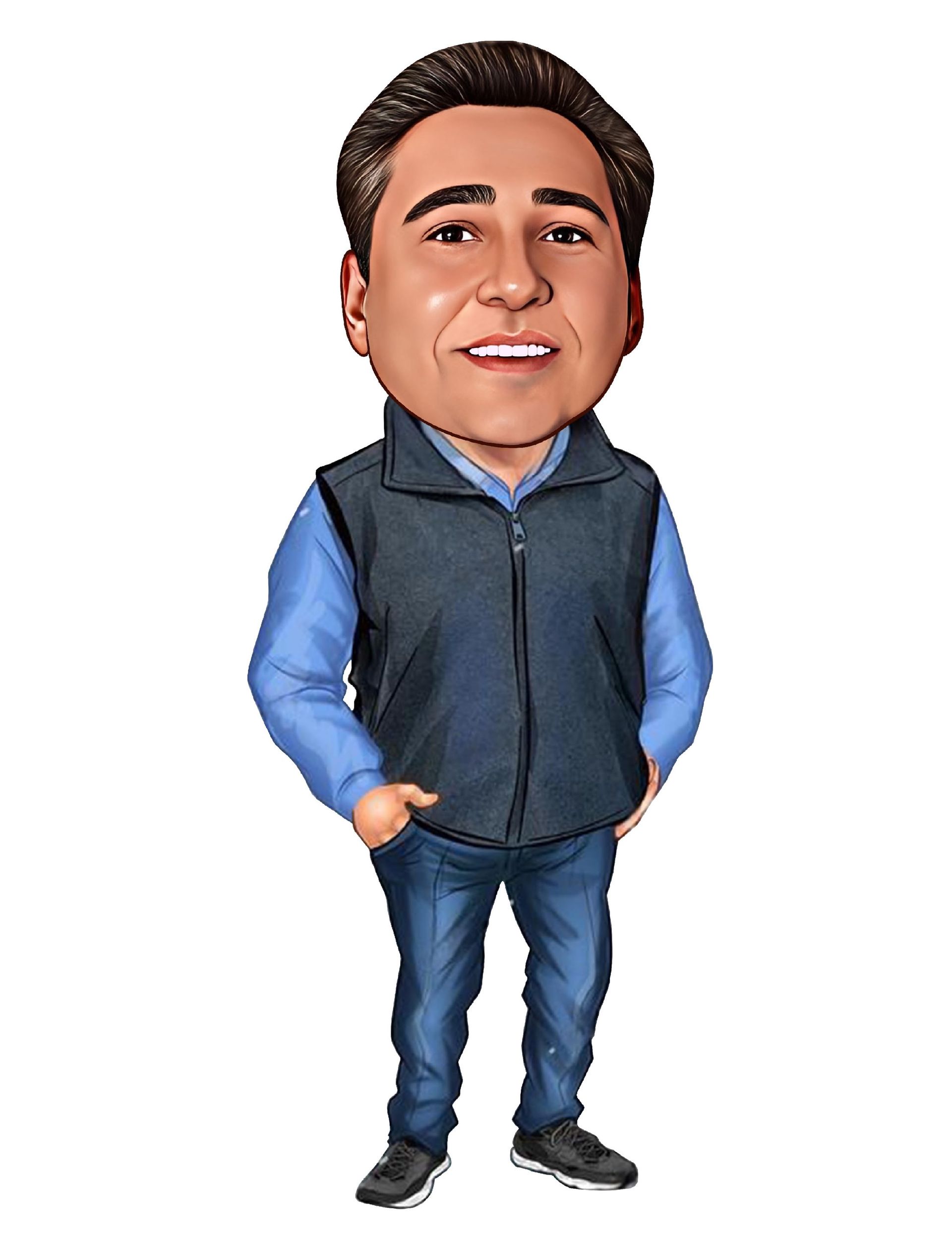 Cartoon man with hands in pockets, wearing blue shirt, navy vest, and jeans, smiling.