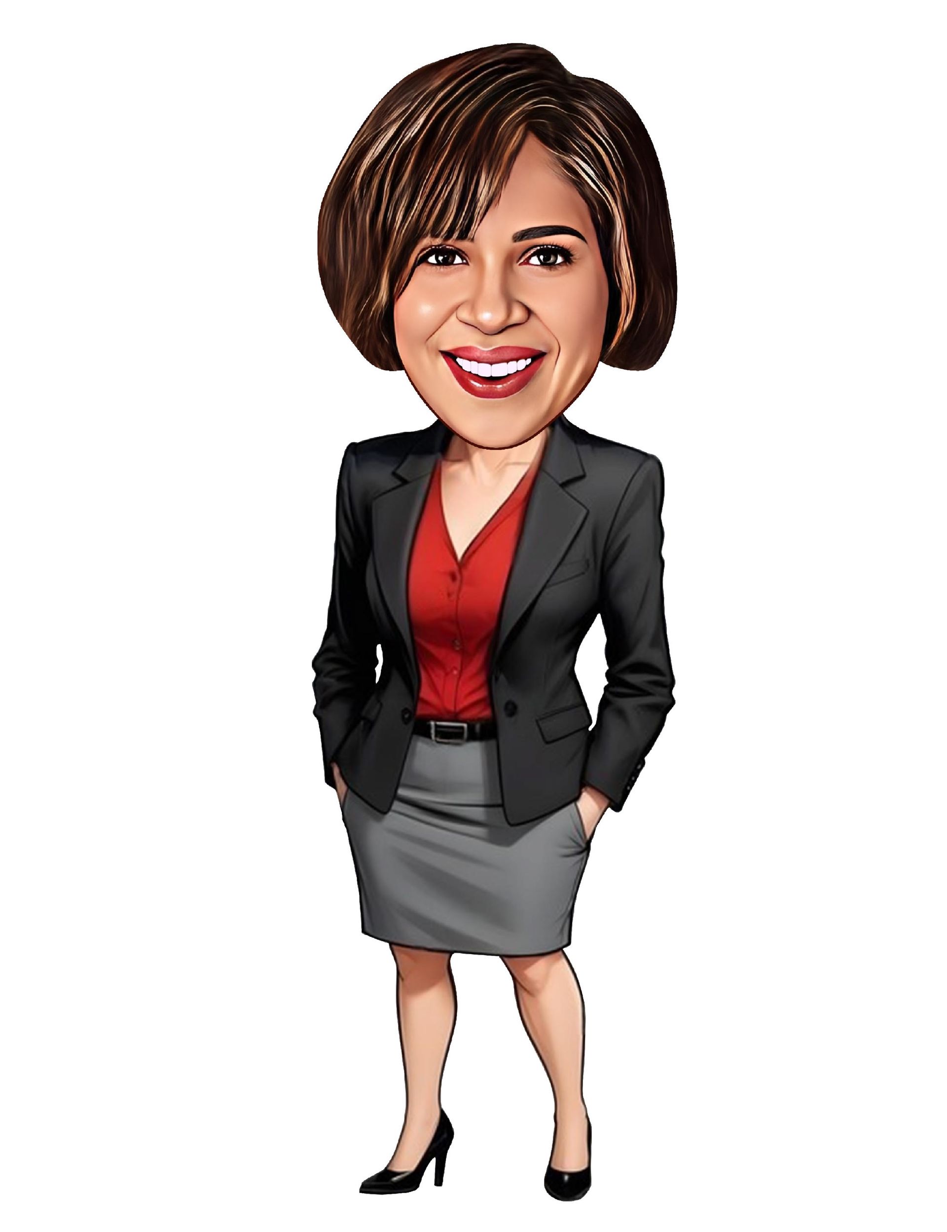 Cartoon of a woman in a suit, smiling. She has brown hair and a red blouse.