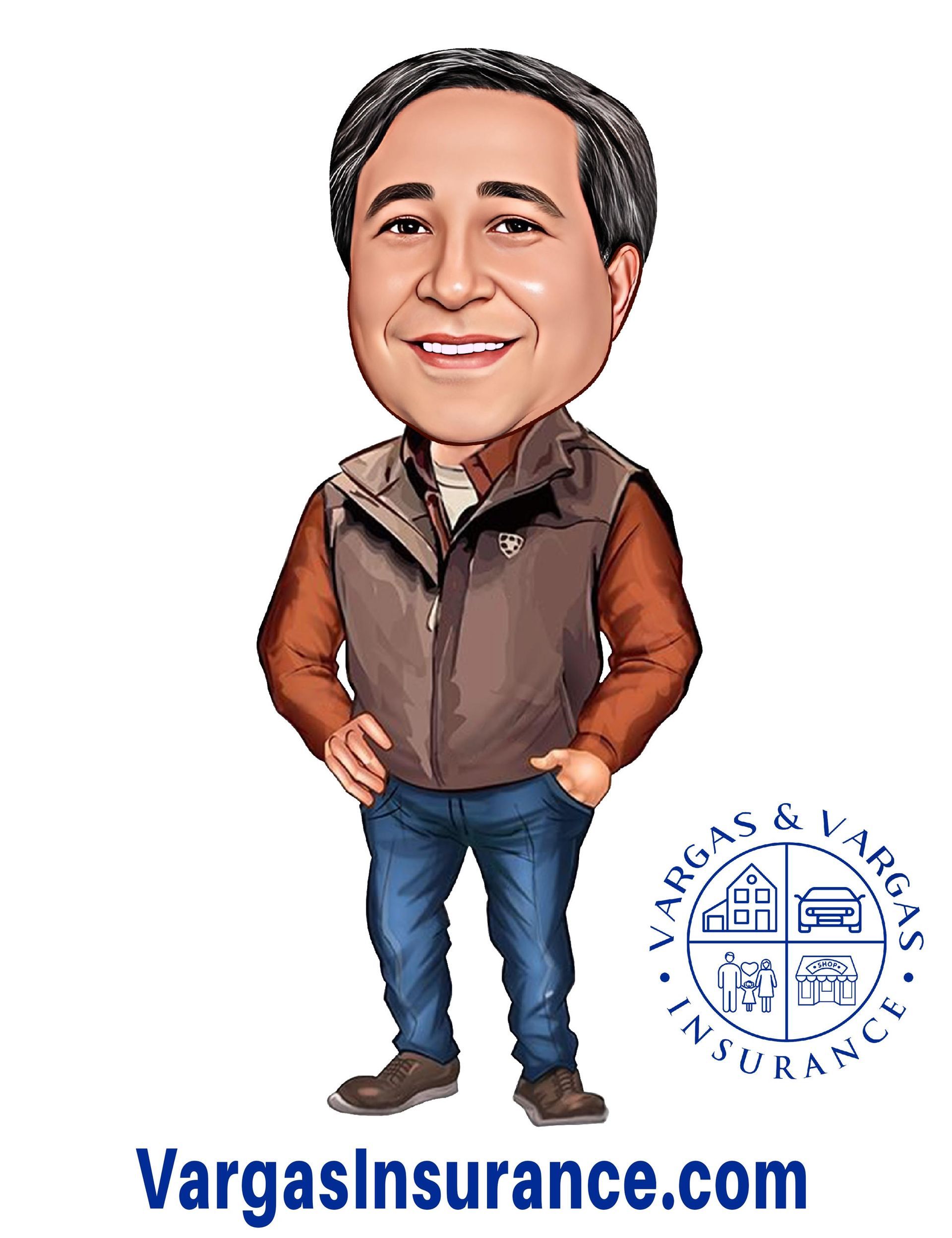 Cartoon man with hands in pockets, smiling, in brown vest and blue jeans. Vargas & Vargas Insurance logo.