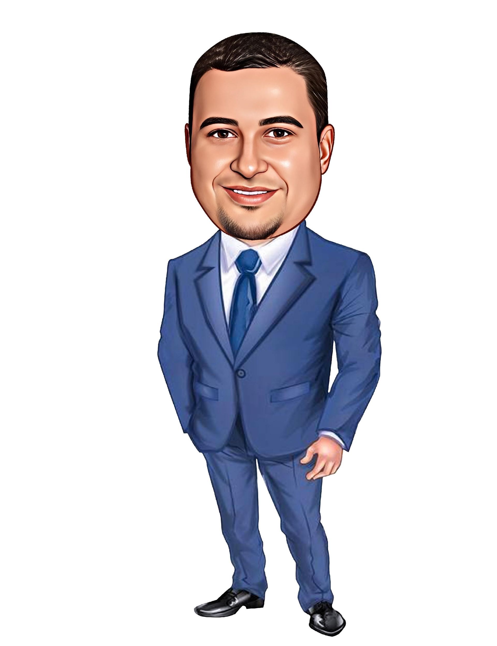 Cartoon man in blue suit, hands in pockets, smiling, neutral background.