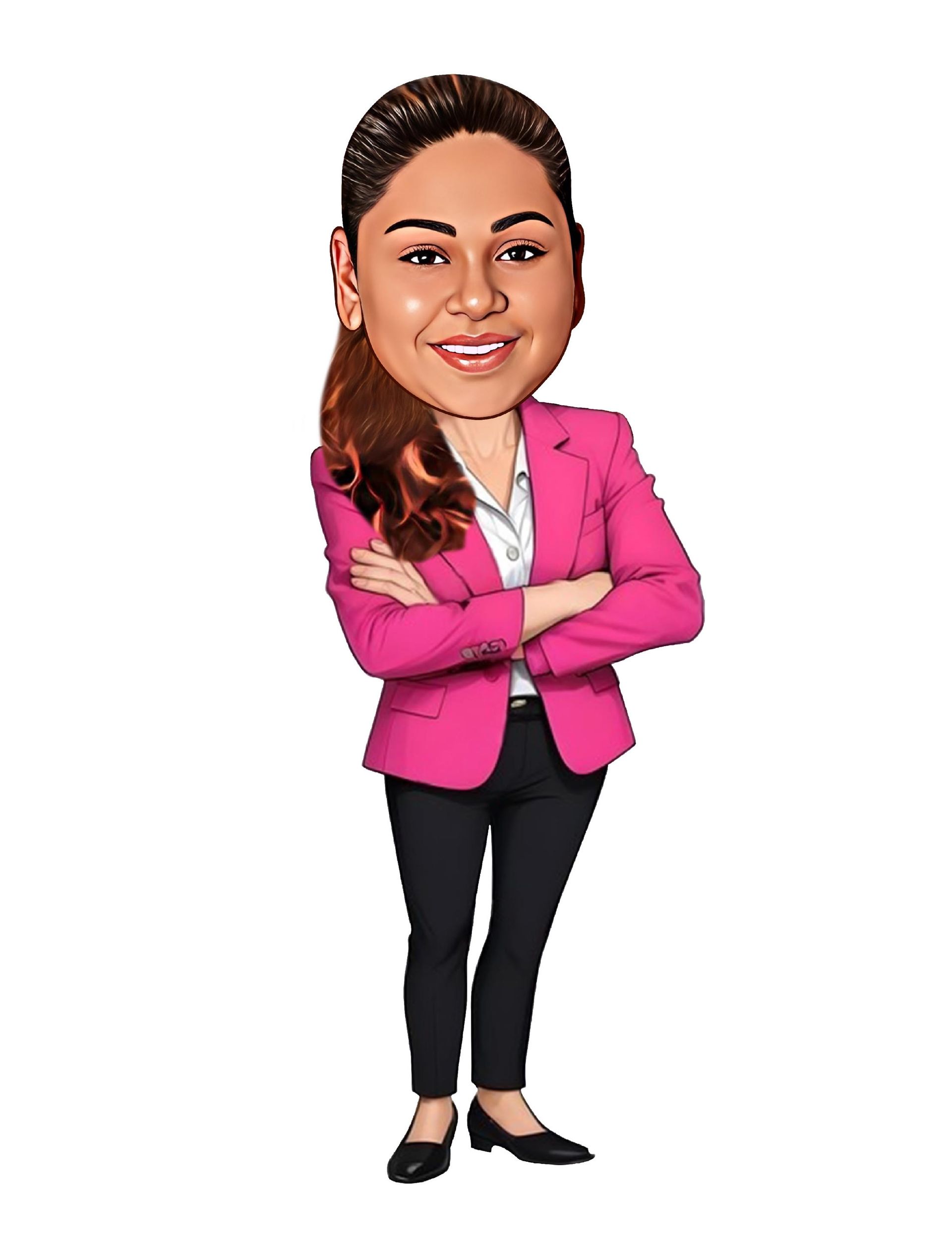 Cartoon woman with arms crossed, wearing a pink blazer, black pants, and shoes, smiling.