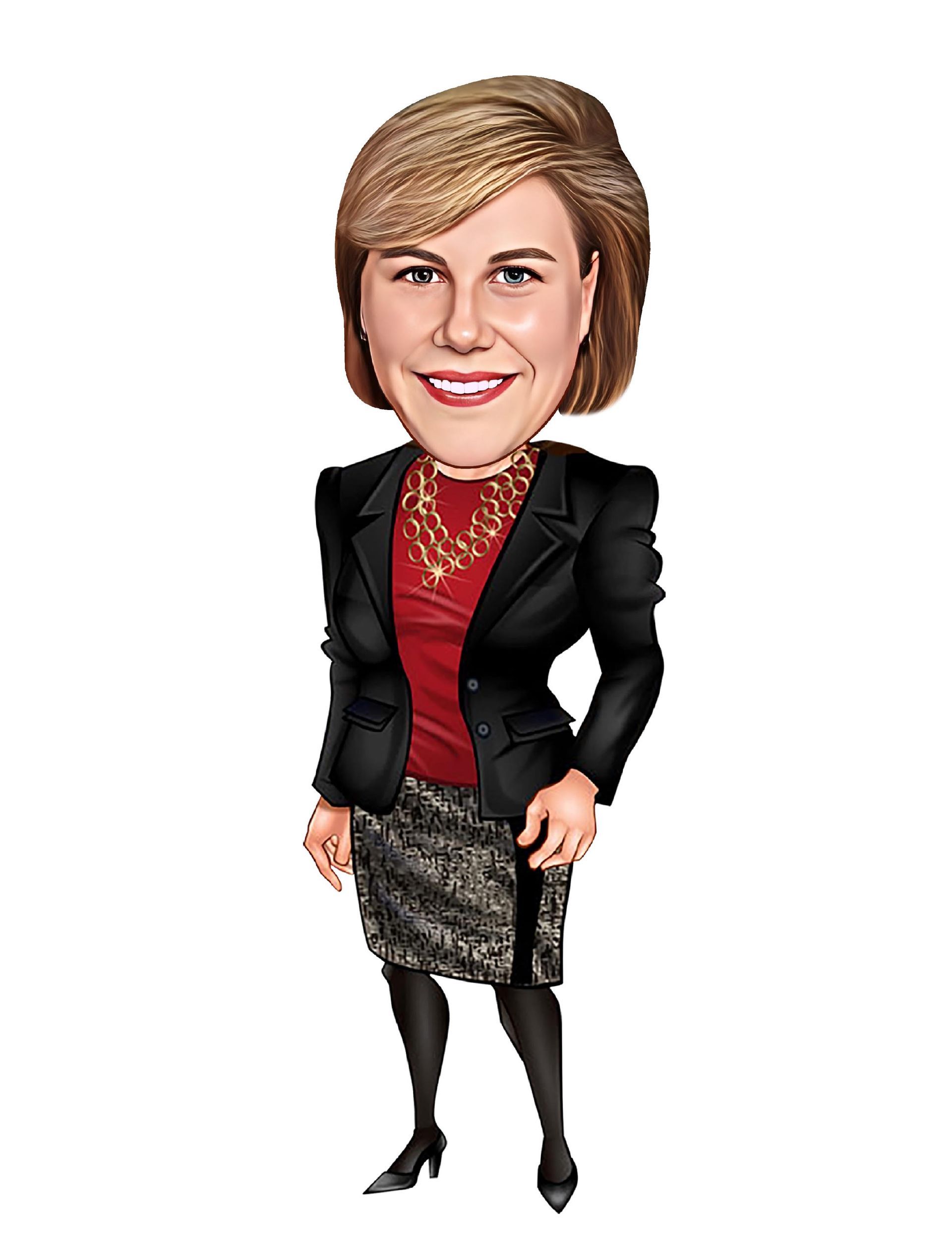 Caricature of a woman in business attire smiling; wearing a black blazer, red shirt, and patterned skirt.