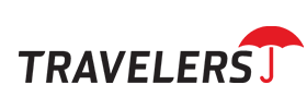 Travelers logo with black text and a red umbrella over the letter 