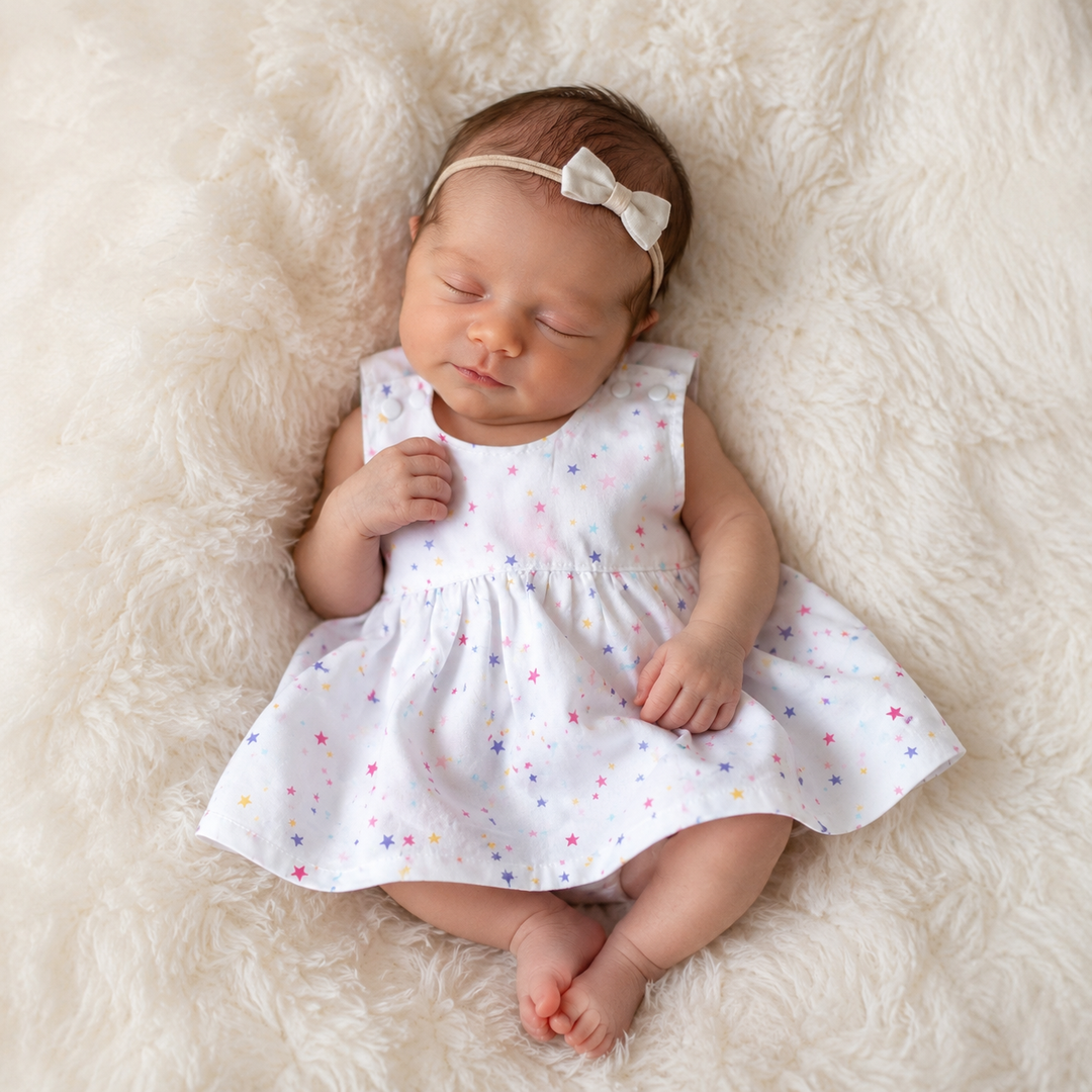 Een slapende baby in een wit jurkje met een strik ligt op een zachte, crèmekleurige deken.