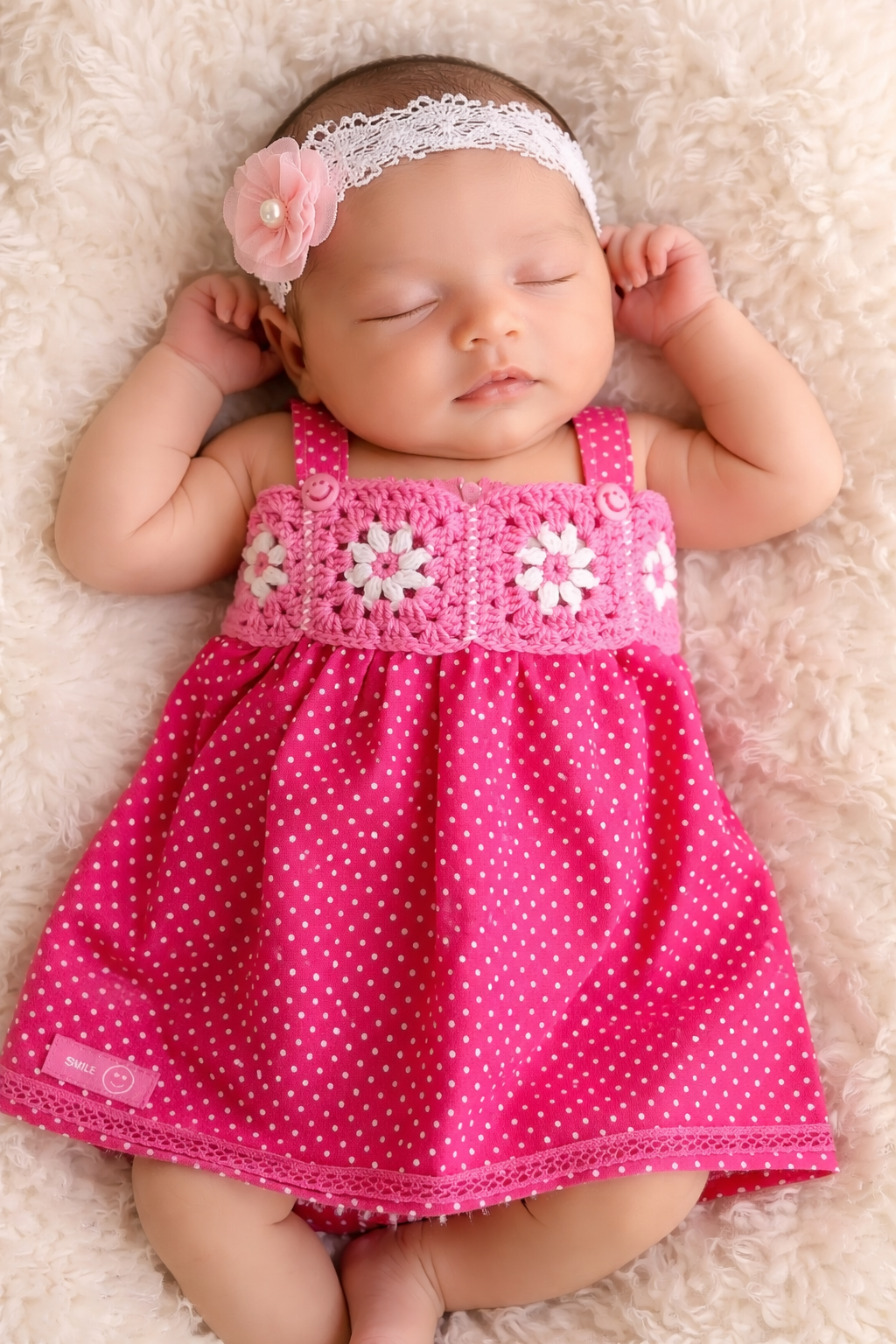 Een slapende baby in een roze jurkje en met een bloemenhoofdbandje ligt op een zachte beige deken.